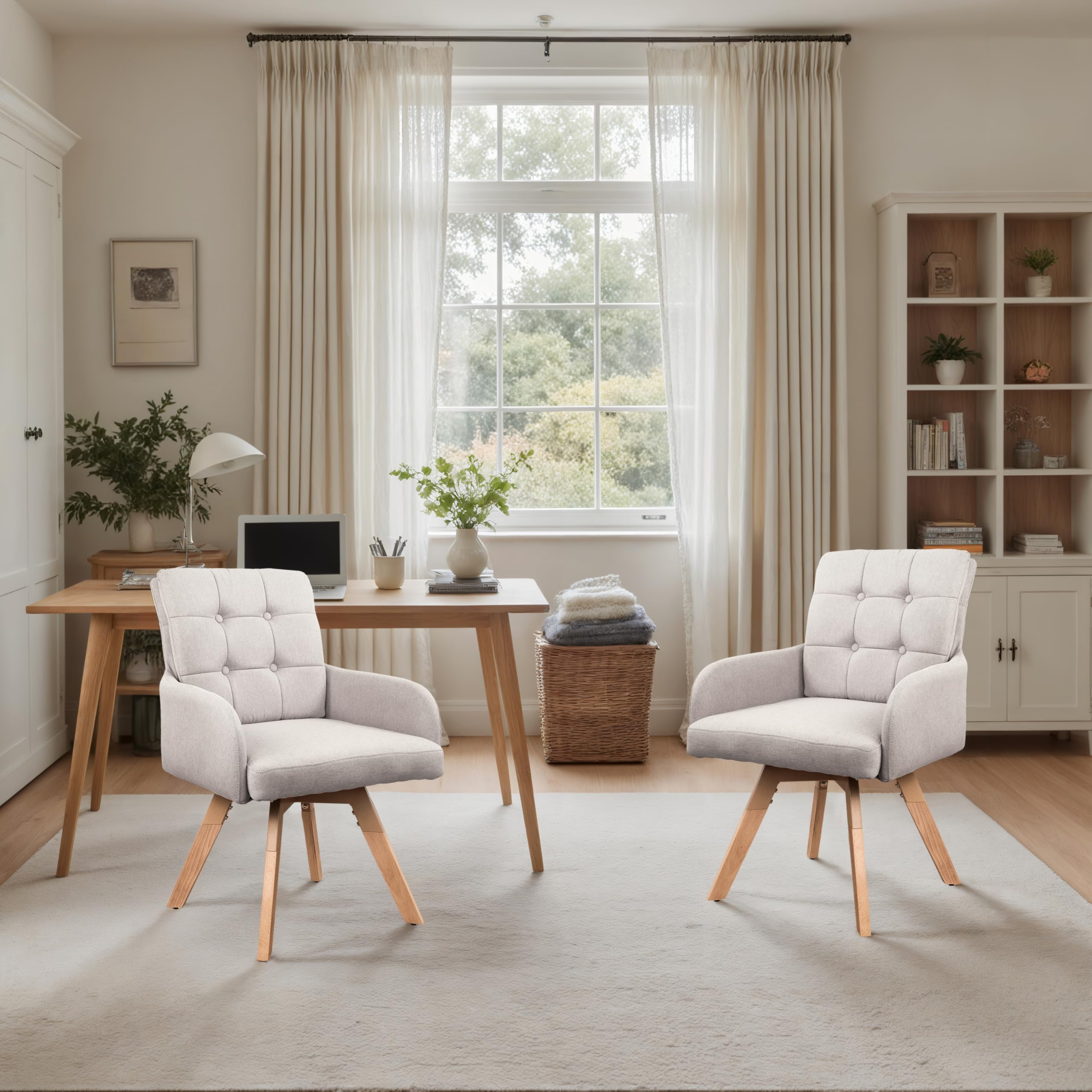 Art Leon Modern Dining Chairs-Fabric Upholstered Dining Room Chairs 180°Swivel Accent Chair with Wood Legs for Kitchen Living Room Bedroom, Beige