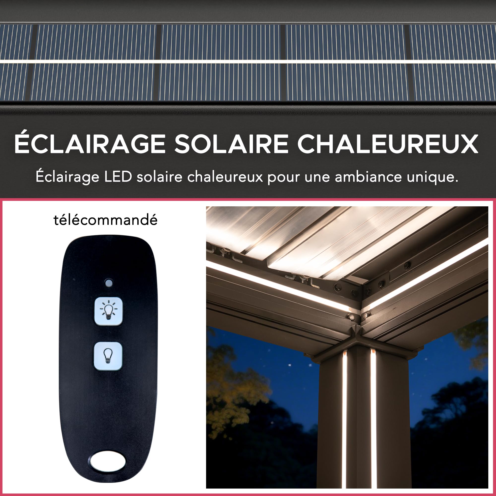 SUNJOY Pergola Bioclimatique 3x3 m en Aluminium, Tonnelle de Jardin avec Éclairage LED Solaire et Télécommande, Toit à Lames Orientables, Pavillon Extérieur Tout Temps Résistant au Vent et à la Neige