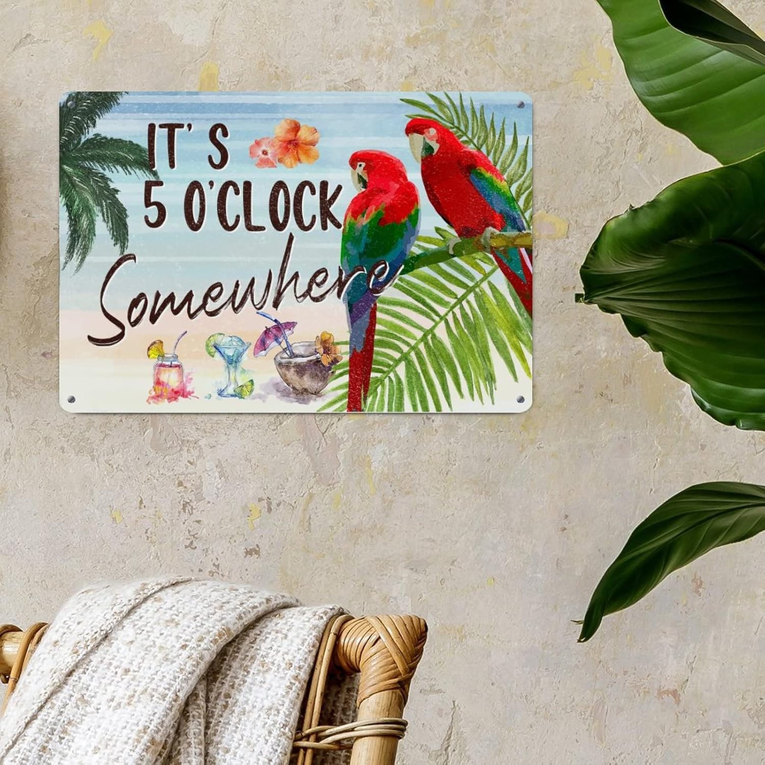 It's Five O'Clock Somewhere Wine Parrot Metal Signs Beach Decor Parrot Toucan Floral Retro Vintage Tin Metal Sign Hawaii Beach Bird Men Cave Signs for Front Porch Outdoor Bedroom 12x18in