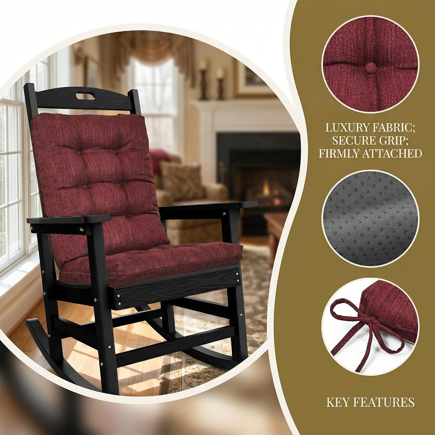 baibu 19.5 x 19.5 x 4 Inch Large Size Rocking Chair Cushion Set, Dual-Layer Patented Design Memory Foam Seat & Back Cushion with Ties for Indoor Living Room Rocker, 2 Piece Set, Red