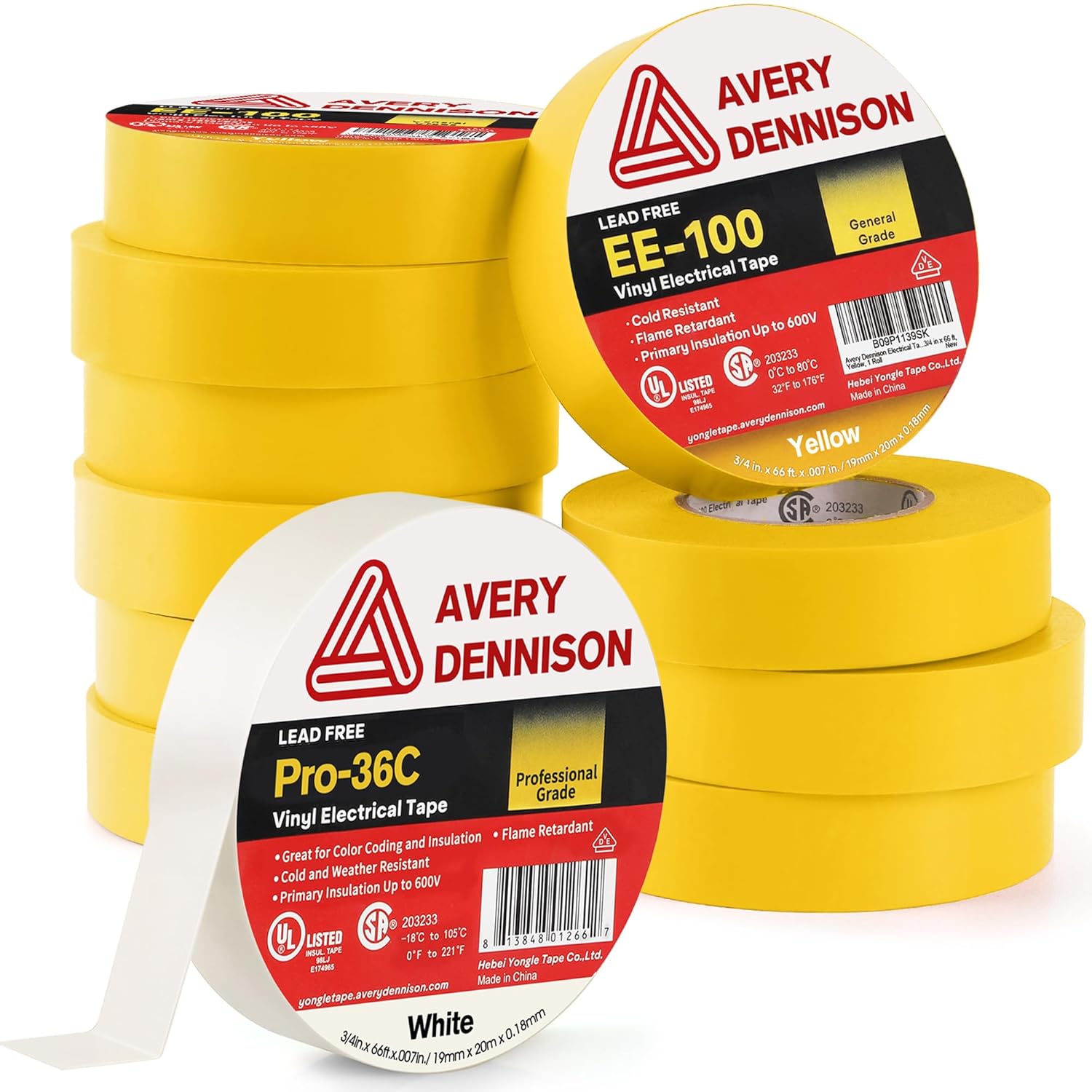 Avery Dennison Electrical Tape, General Use/Professional Grade PVC Electric Tape, UL/CSA Listed Vinyl Tape, 10 Rolls ¾ in x 66 ft Yellow(EE-100) + 1 Roll ¾ in x 66 ft White(Pro-36C)