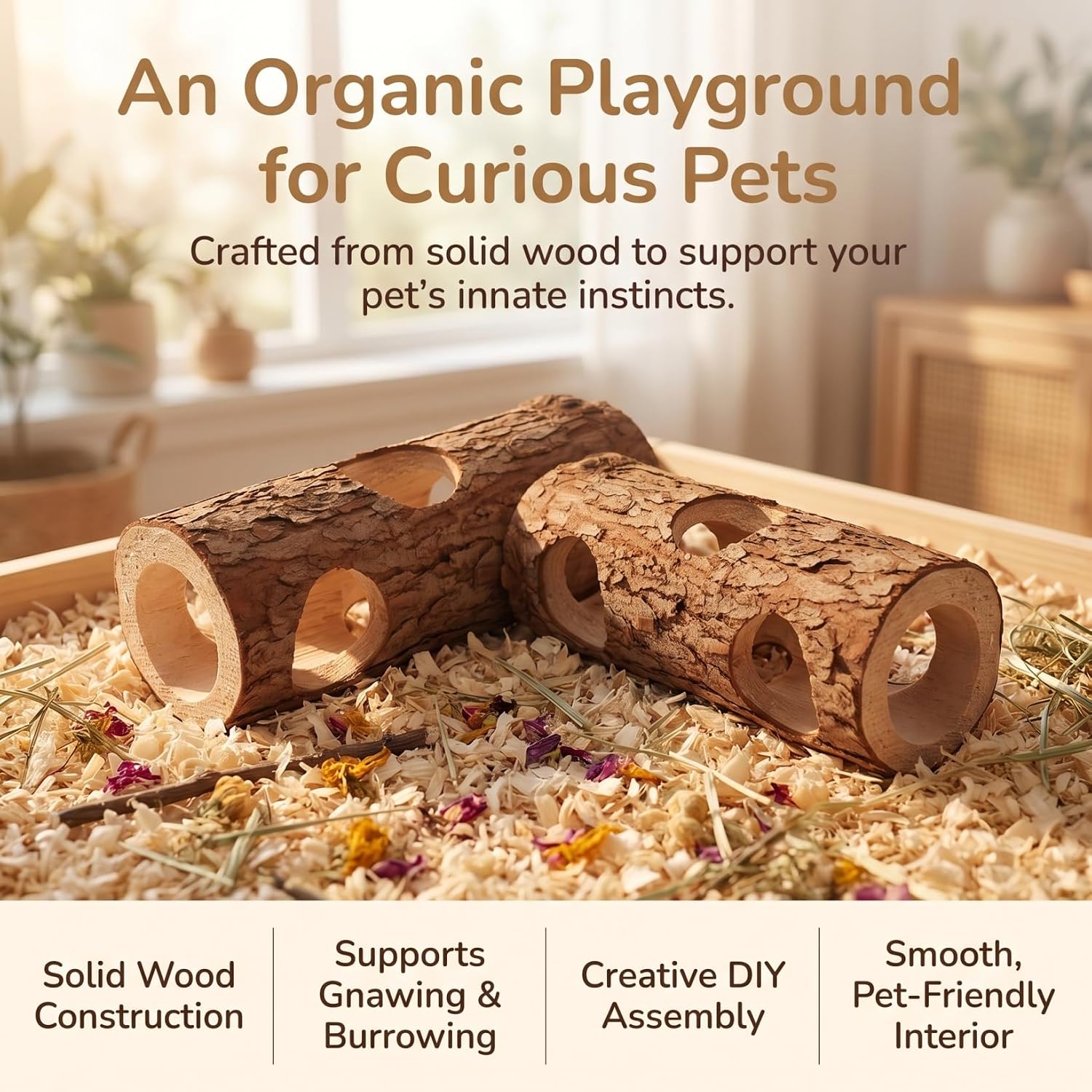 IMIKEYA 2Pcs Hamster Wooden Hideout Tunnel - Natural Hide Tube | Hamster Mouse Tunnel Tube, Multi Chamber Burrow Exploring Toy for Small Dwarf Hamsters, Gerbils, DIY Cage Playground Hideout