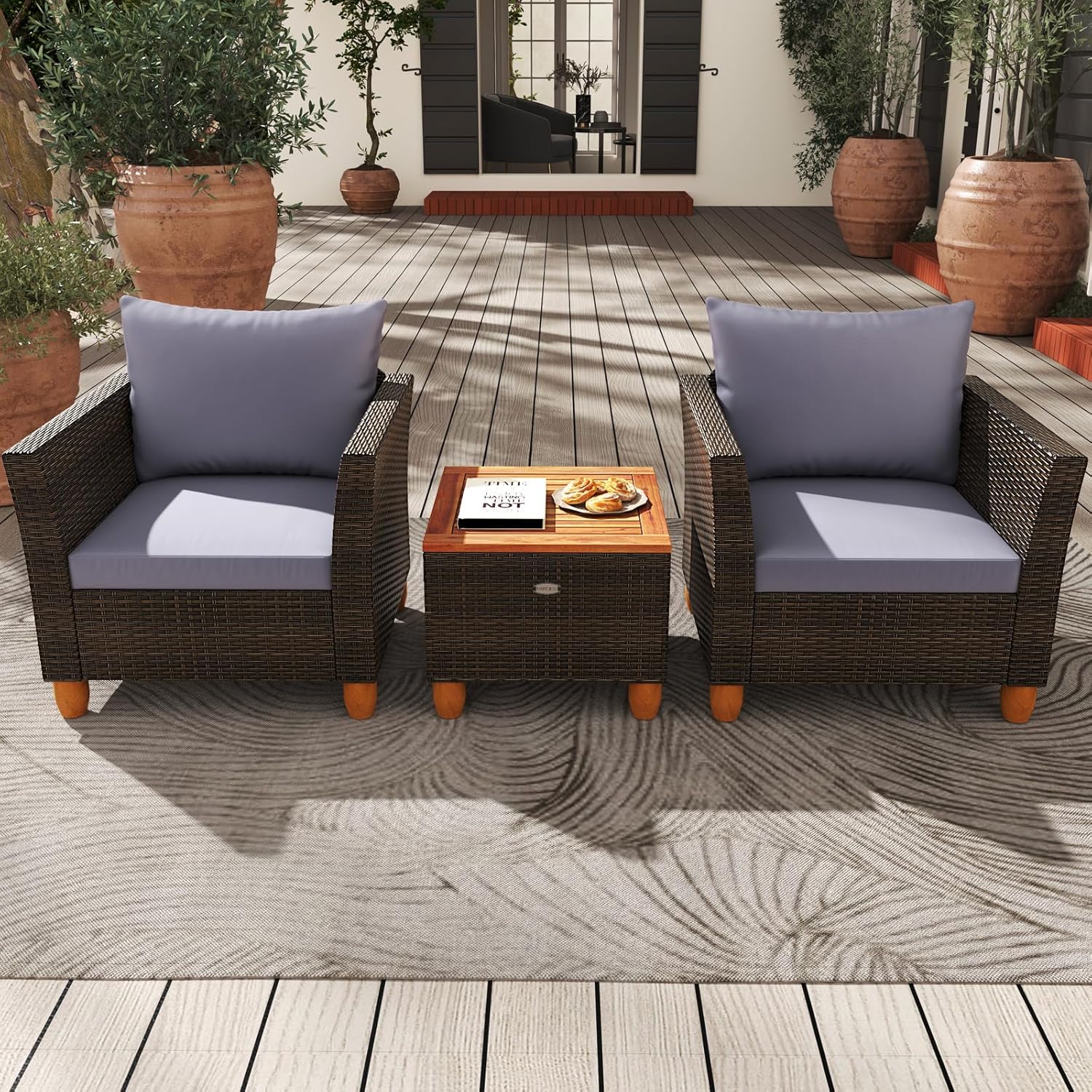 HAPPYGRILL 3 Pieces Patio Conversation Set with Storage Coffee Table, Outdoor Patio Furniture Wicker Sofa Set with Soft Cushions for Balcony Backyard Porch