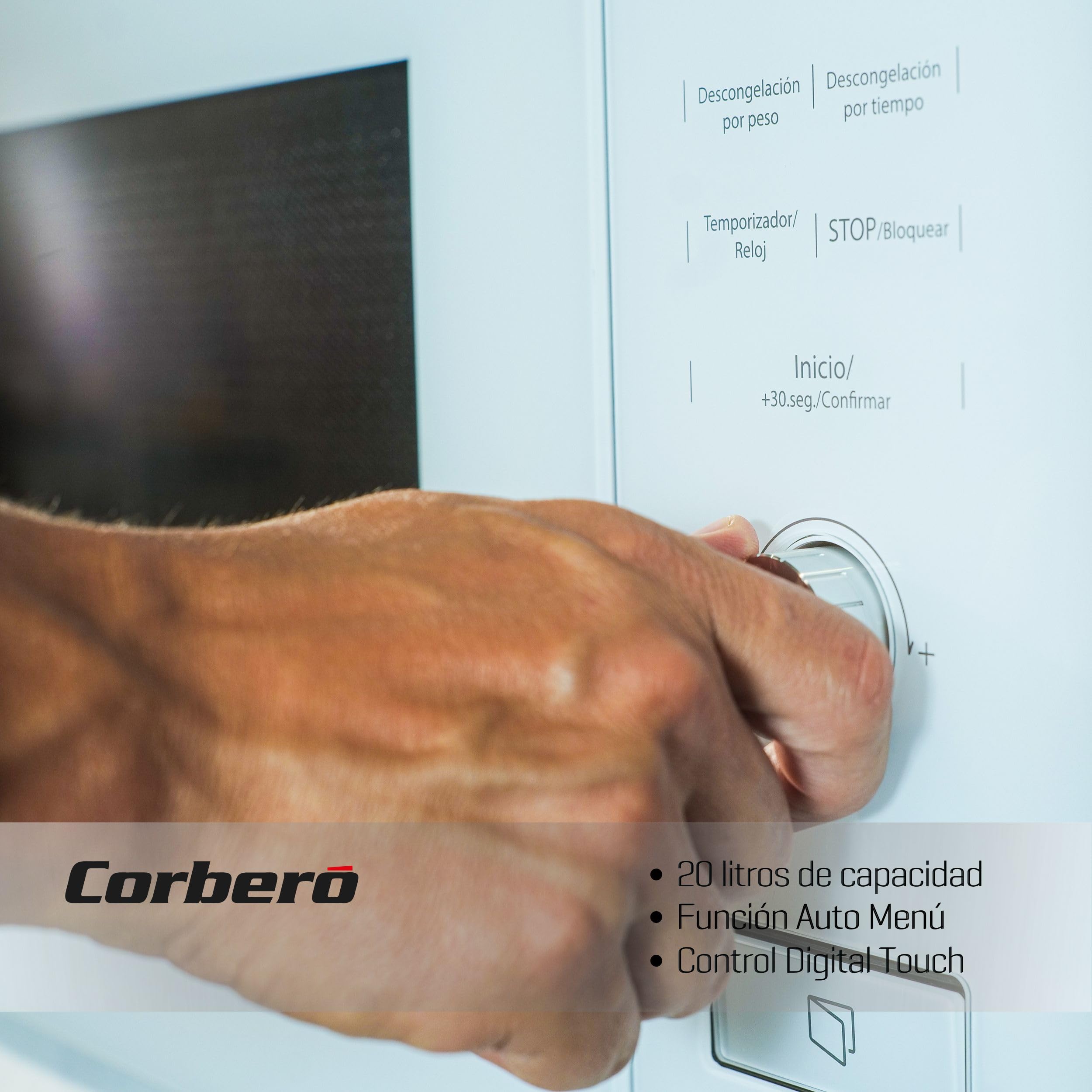Corberó - Microondas Integrable | CMICM20GLWINTEG | 20L | Potencia 800W | Control Touch | 5 Niveles Potencia | Temporizador 95 min | Grill | Plato Giratorio 255mm | Blanco