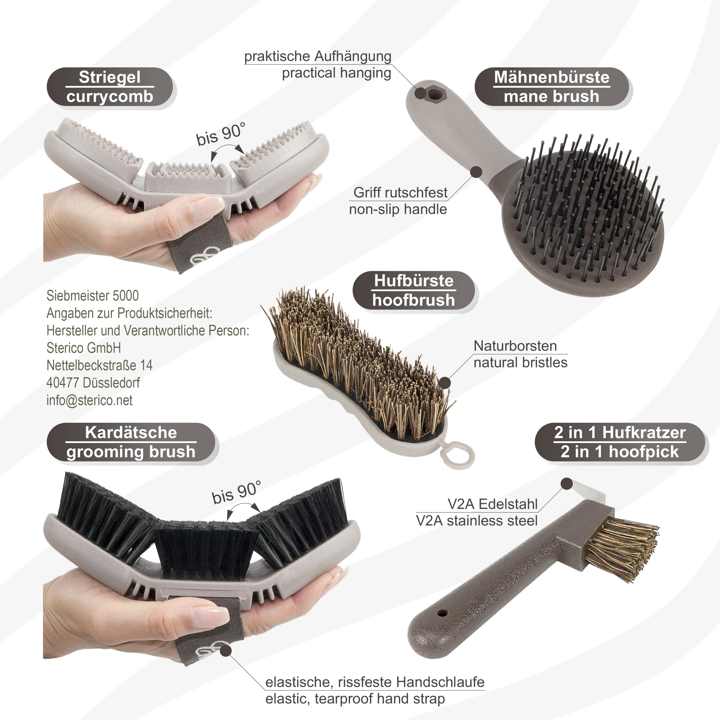 Chevalon Set de Limpieza para Caballos - Cardaje Flexible, Cepillo de Masaje y Rascador para Pezuñas con Púa de Acero Inoxidable