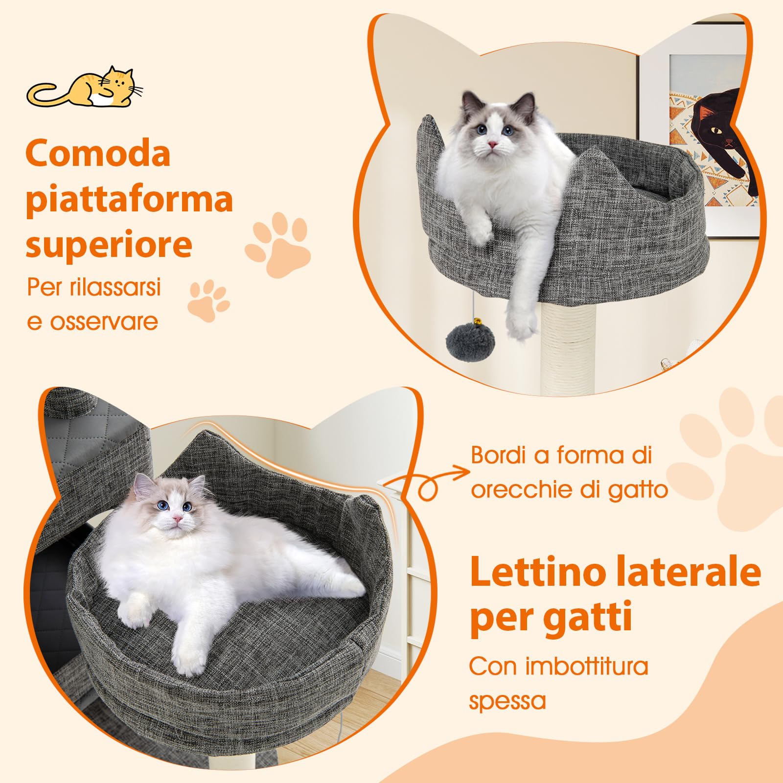 COSTWAY Tiragraffi per Gatto Alto 180 cm, Albero Tiragraffi Gatto con 8 Piattaforme, 4 Pali Sisal e 2 Palline Pompon, Torre Tiragraffi per Gatti con 2 Condomini Rimovibili, Grigio
