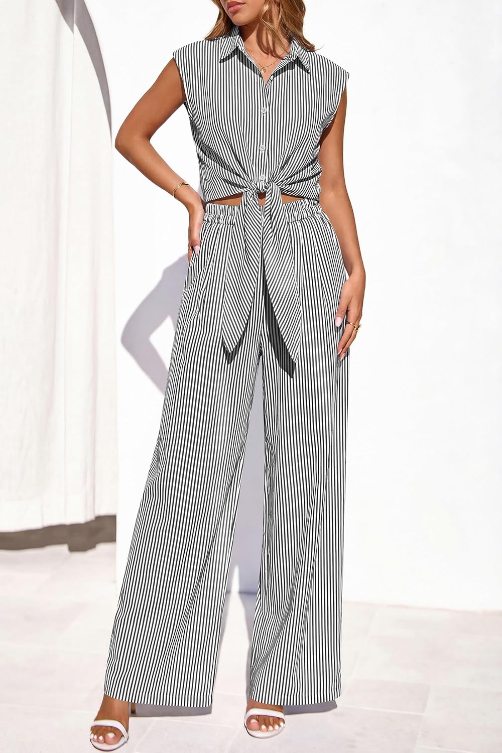 PRETTYGARDEN 2 Piece Sets For Women Summer Striped Button Down Tie Front Crop Tops Wide Leg Pants Floral Lounge Set 2026