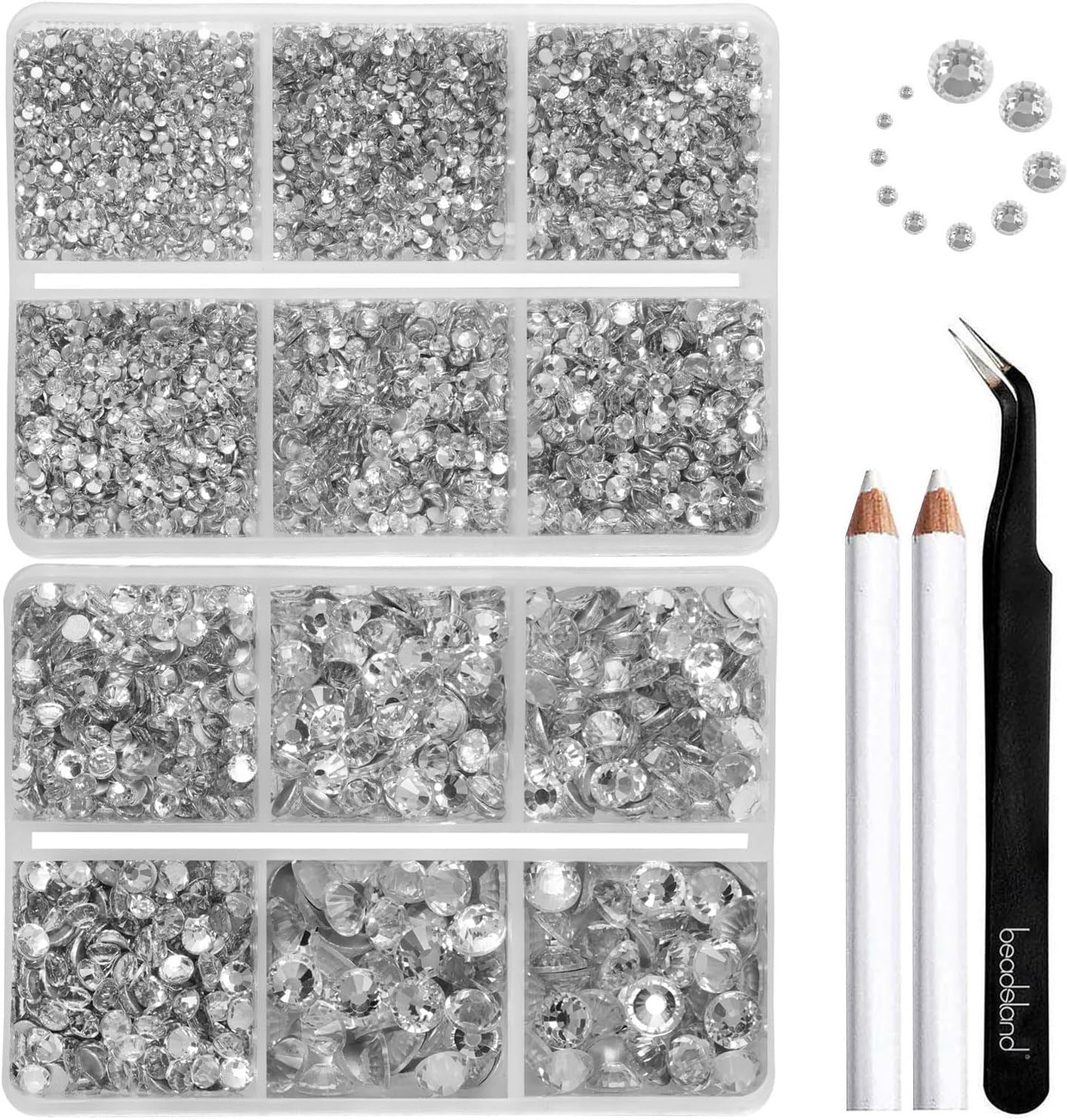 Beadsland 8300PCS Flatback Rhinestones, Clear Rhinestone Nail Gems Round Crystal Rhinestones for Crafts, Mixed 10 Sizes with Wax Pencil and Tweezer Kit, SS3-SS30, Crystal
