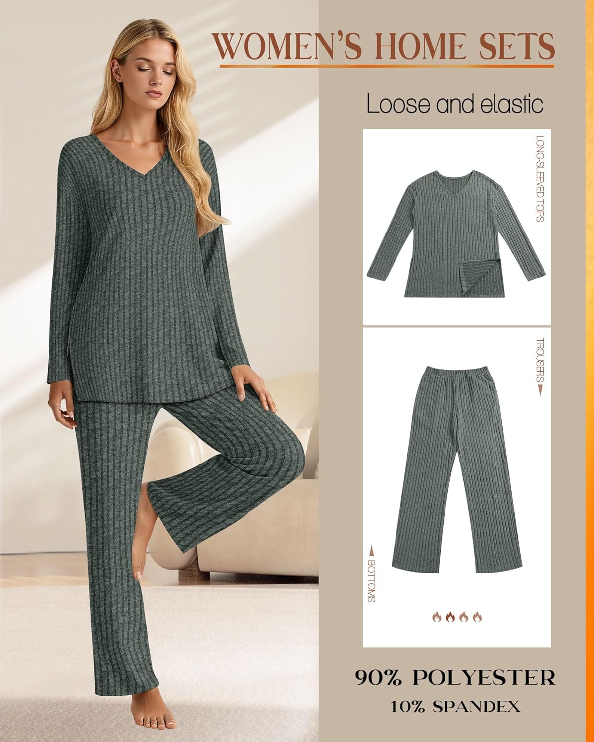 Women's 2 Pieces Ribbed Knit Lounge Sets, V Neck Long Sleeve Side Slit Tops Wide Leg Loose Pants Pajama Fall Sets