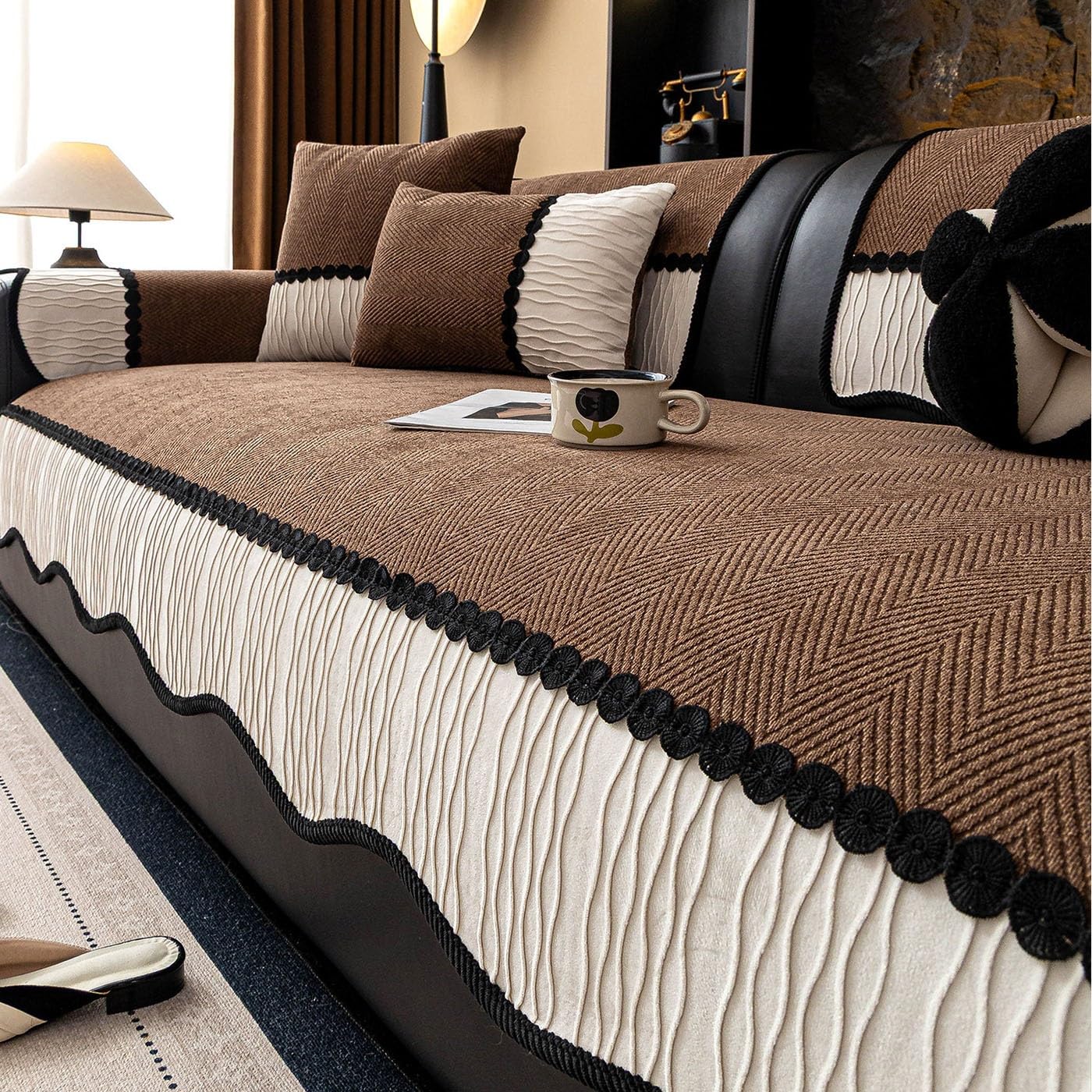 ZGWRYI Soft Waterproof Chenille Couch Cover Washable, Non Slip Sectional Sofa Covers for 3 Cushion Couch L Sharped Sofa Slipcover for Pets, Furniture Protector(Brown,70x240cm)