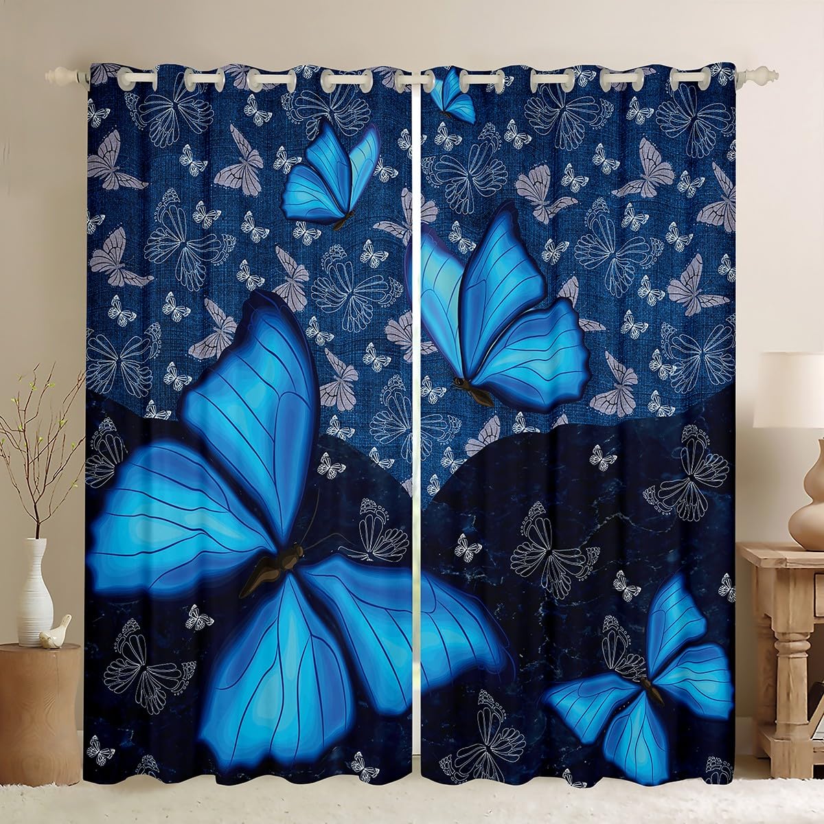Homemissing Butterfly Curtains for Bedroom Butterflies Print 30%-50% Blackout Curtains Beautiful Butterfly Darkening Drapes Animal Blue Grey Window Treatments Room Decor W66*L72