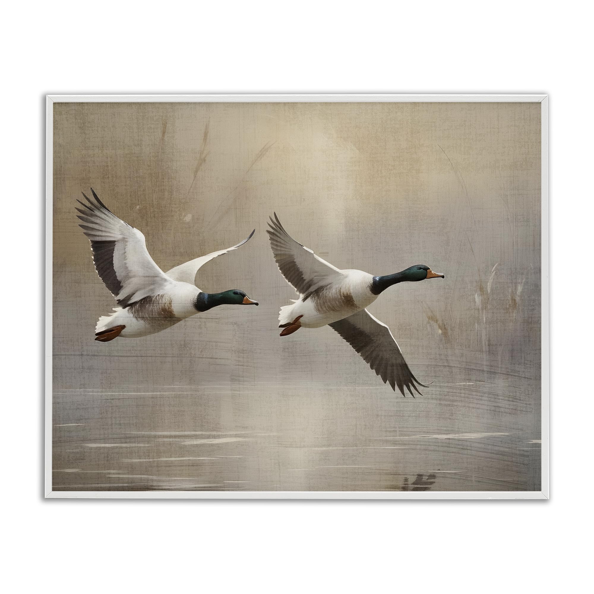 Stupell Industries Coastal White (Textured) 'Mallard Ducks Over Pond'| Framed Giclee Art