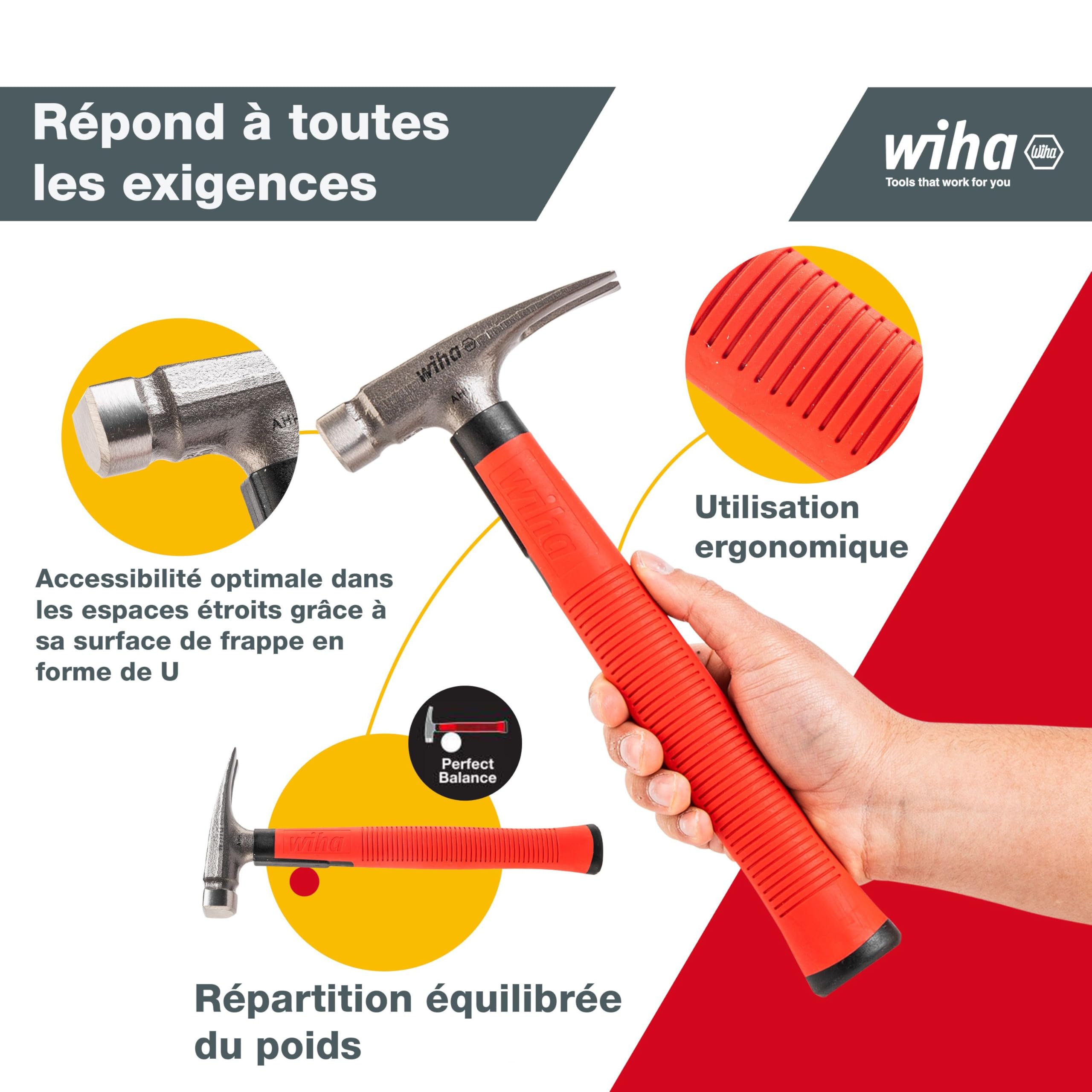 Wiha Marteau d'électricien (42071) Outil d'électricien, fond plat du manche du marteau pour placer les câbles et les chevilles | (42071) Tool for electricians I flat handle end for positioning cables and wall plugs I ergonomic grip