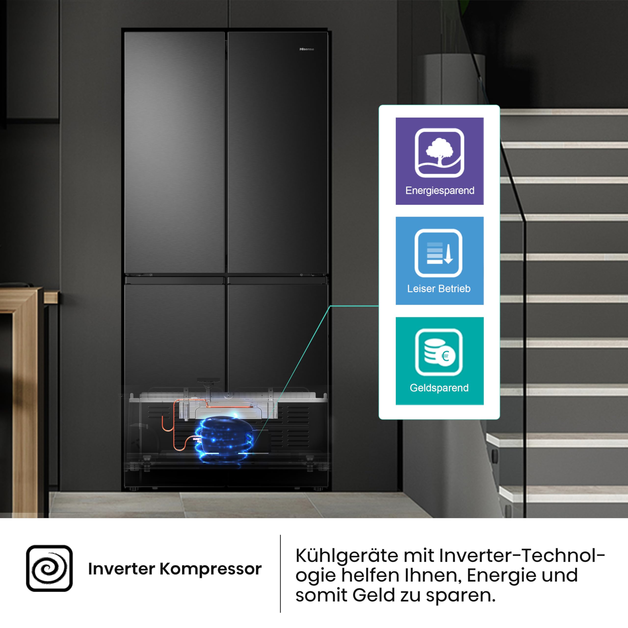 Hisense RQ563N4SF2 Cross Door Kühl-Gefrierkombination/ NoFrostPlus/ Inverter-Kompressor/ HolidayMode/ SuperCool/ 181 cm/ Kühlteil 294 l/ Gefrierteil 160 l/ 40 dB/ 279 kWh/ Jahr/ Schwarz
