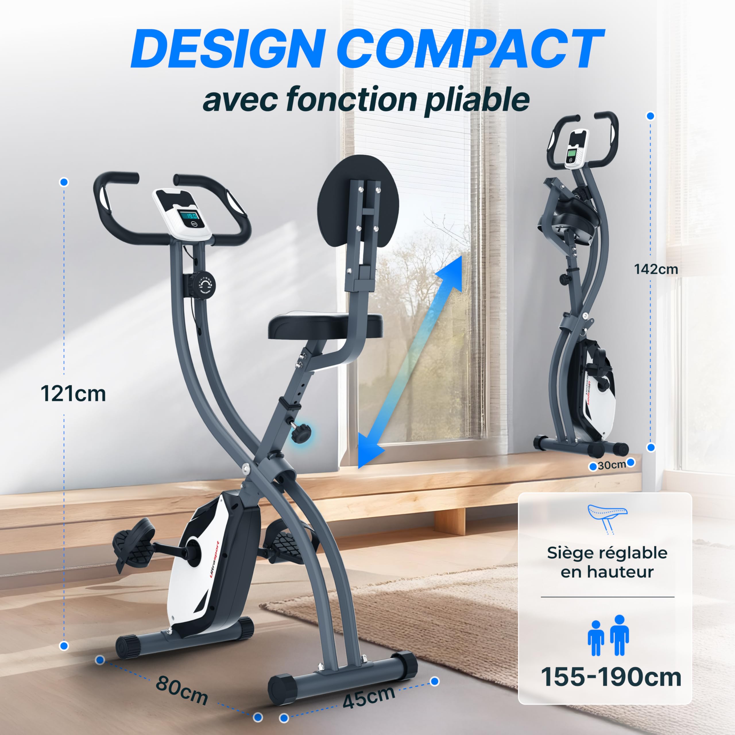 Ultrasport F-Bike Vélo d’Appartement Pliable I Vélos d'Appartement Extra Silencieux jusqu'à 130 kg avec Selle Confort, Velo d Appartement Pliable