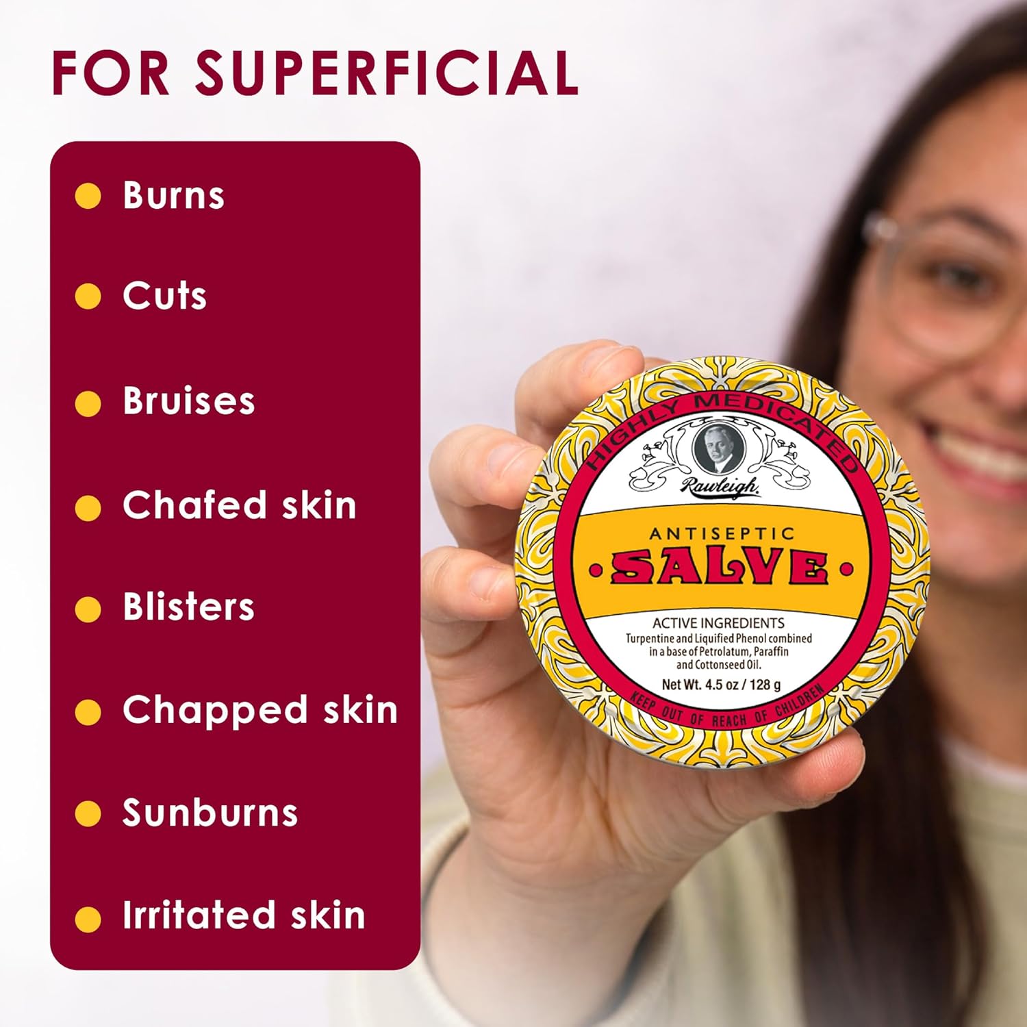 Rawleigh Antiseptic Salve Iconic Yellow Big Tin: 4.5 oz, Natural, Multi-Purpose Ointment Soothes Skin Cuts, Bruises, Irritations, with Turpentine, Phenol, Cottonseed Oil, Original Formula - Pack of 1 - Image 4