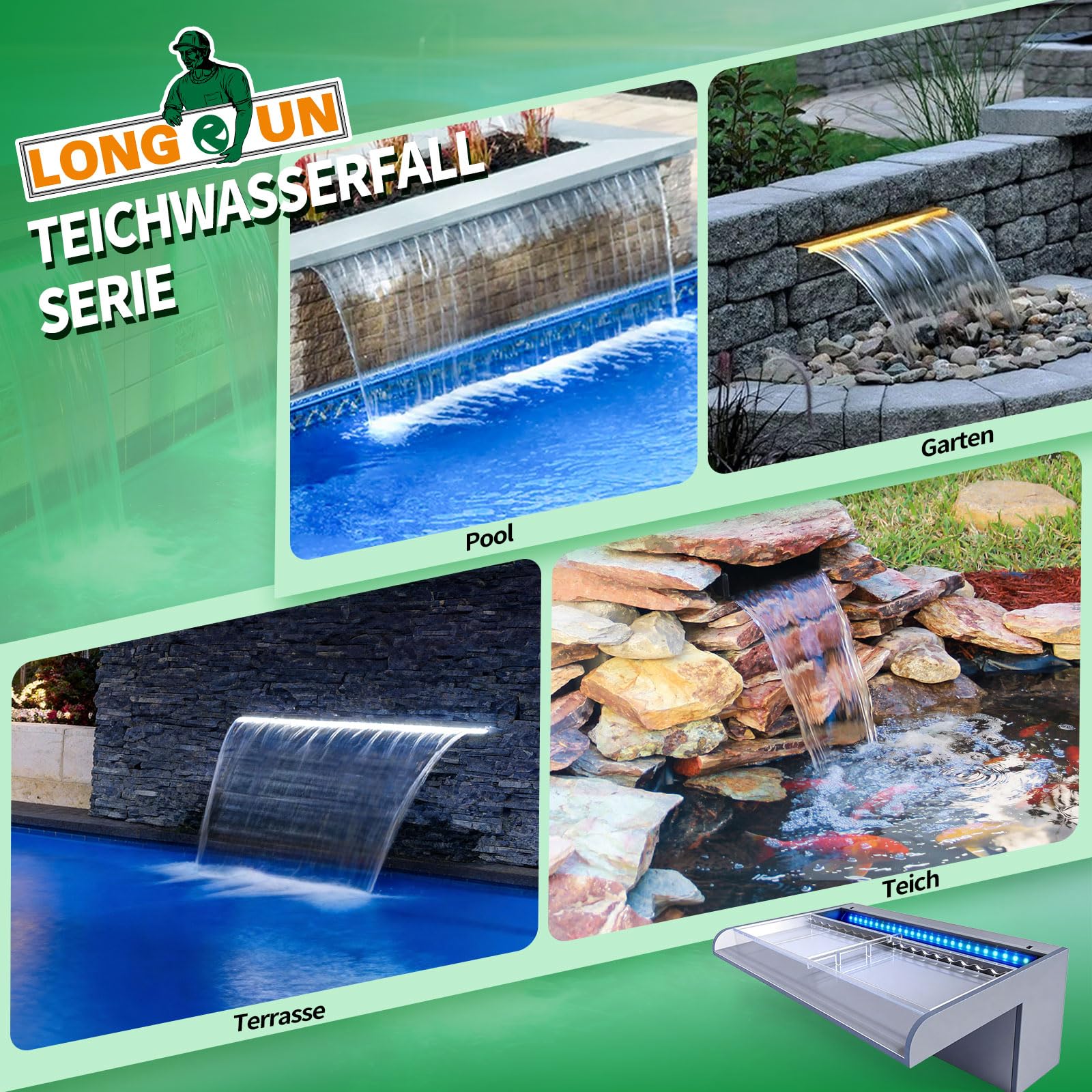 LONGRUN 90cm Teich-Wasserfall aus Acryl mit RGB LED-Leiste & Bluetooth-App-Steuerung, Garten-Wasserfall für Teich, Pool und Schwimmbad