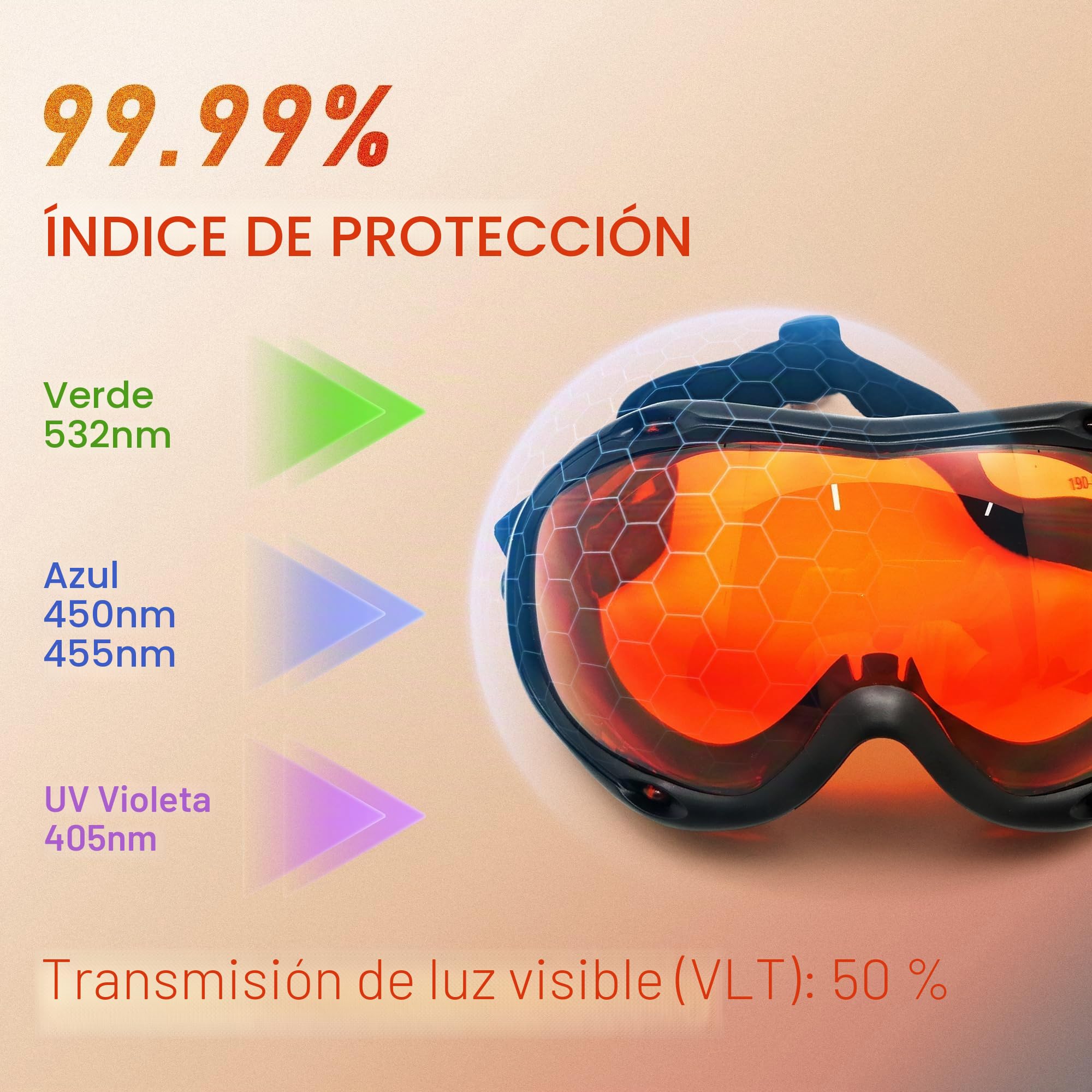 MCWlaser 190-540nm Gafas de Protección Seguridad Láser OD7+ Laser Safety Goggle Glasses Para UV light Violet Blue Green Laser 405nm 445nm 450nm 473nm 532nm Tipo de absorción EP-3