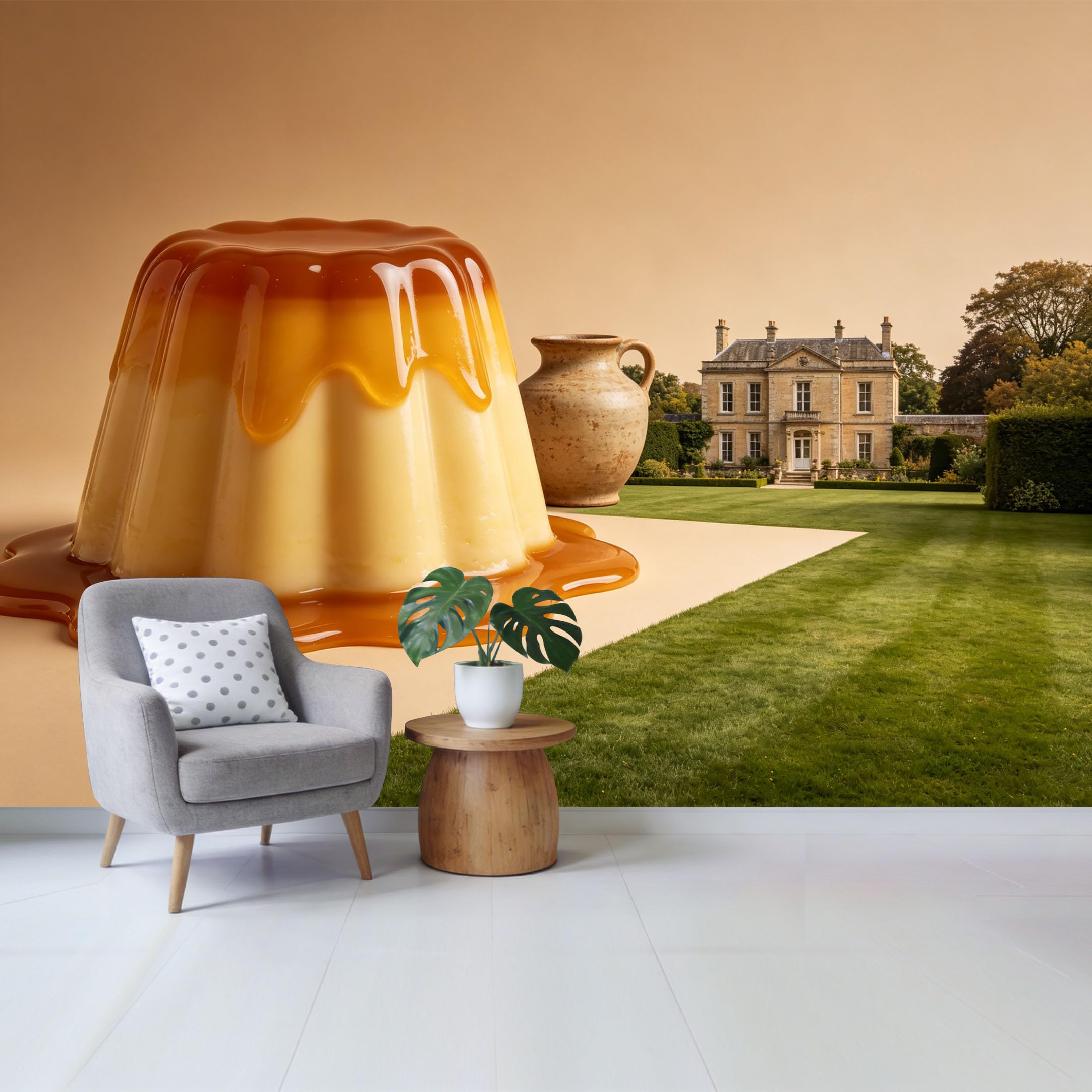 Qzlithotic Yq2605251015 Custom Size Wall Mural Caramel Custard Pudding Vintage Manor Landscape 3D Trompe L'oeil Selfadhesive Wall Fabric Removable Wallpaper For Home Office Decor