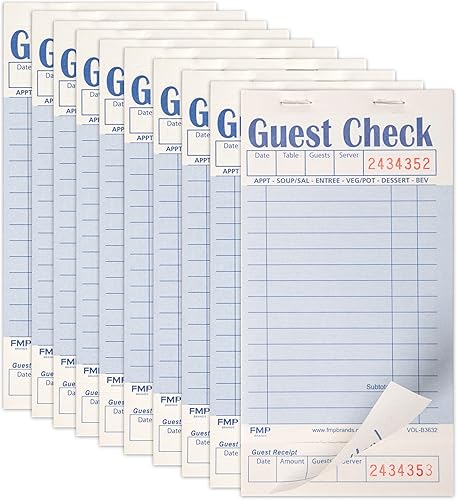 FMP Brands Libros de cheques de invitados para servidores, papel de bloc de notas de servidor, total de 500 hojas (10 blocs), azul con recibo de