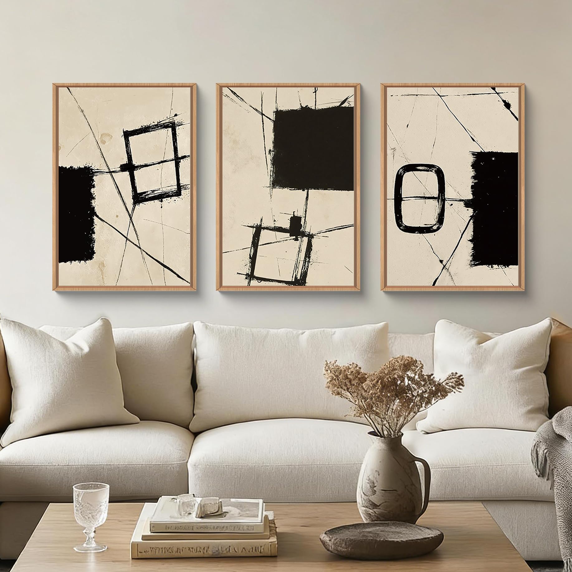HOURIA Nordic Abstract Black & Beige Brush Stroke Framed Canvas Wall Art Set,Minimalist Geometric Grunge Line Shapes Ink Sketch Decor,Neutral Modern Drawing Artwork for Living Room,Farmhouse-16"x24"x3