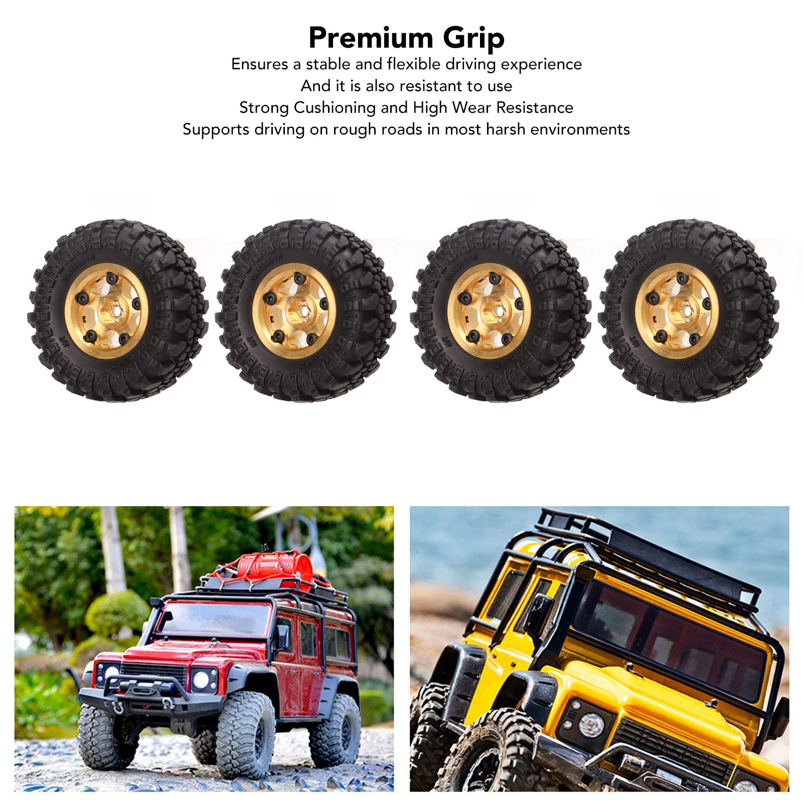 4szt RC Crawler Opony dla FMS FCX24 1/18 1/24 RC Car Wheel, 1 calowe gumowe opony mosiężne felgi Rock Climbing opony, Truck Off Roader opony i felgi On-Road Touring Drift Car (Złoto)