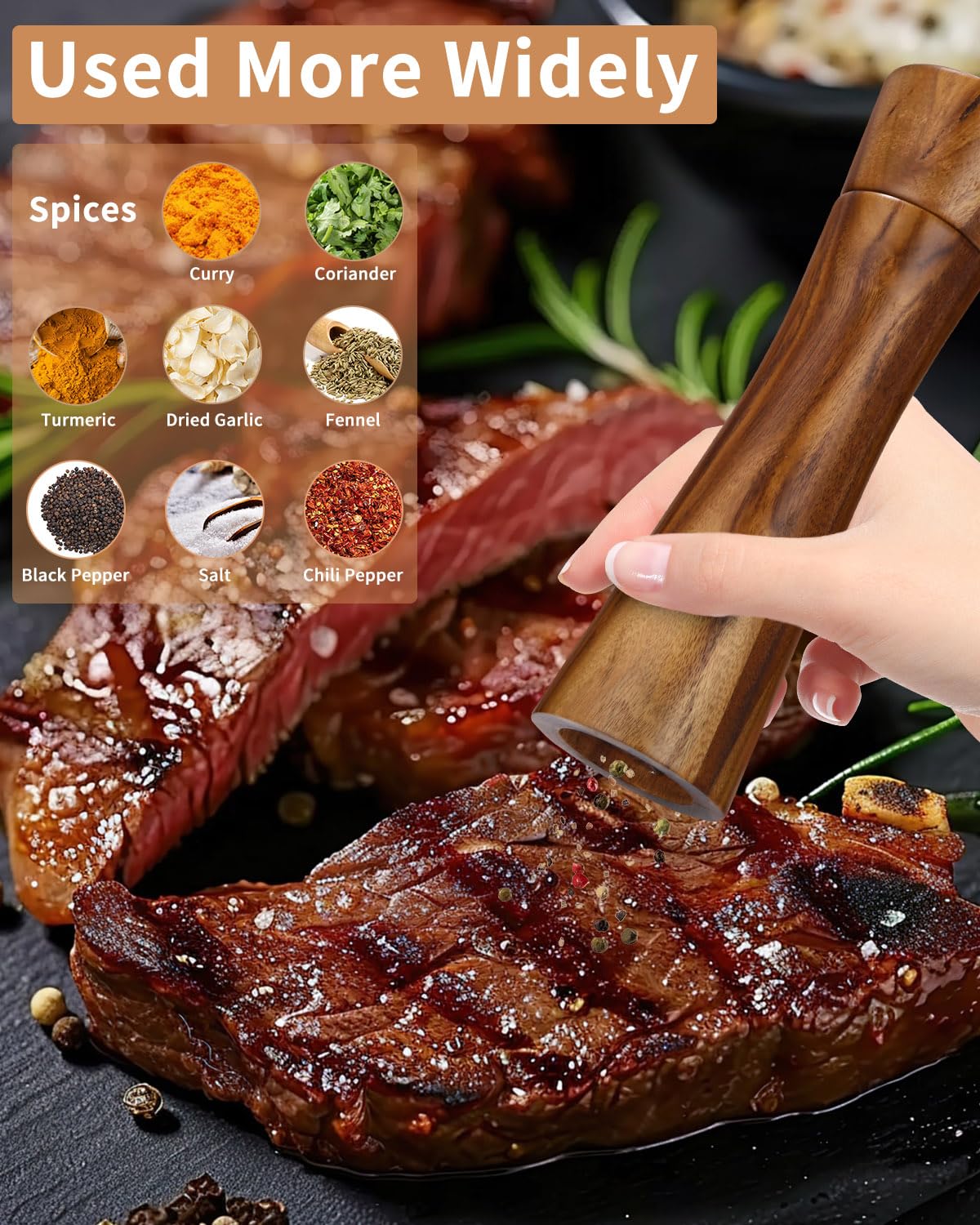 Juego de 2 molinillos de sal y pimienta de madera, molinillo de especias con mecanismo de cerámica, salero y pimentero con plato, molinillo de pimienta, ajustable para especias, pimienta, sal, juego