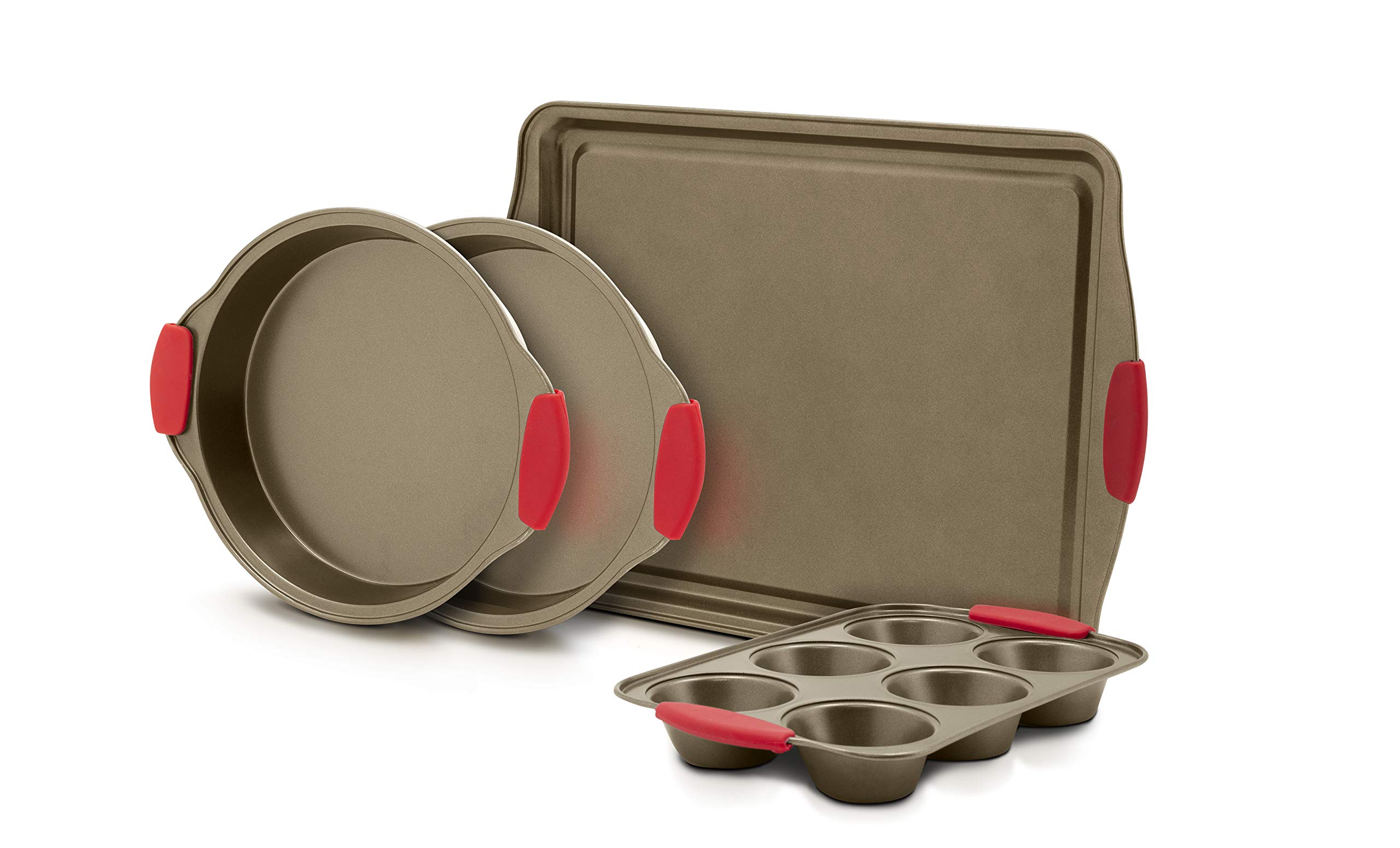 Eternal Living Kitchen Ideas 4 Piece Nonstick Bakeware Set With Grip | Kitchenware For Cooking & Baking with Silicone Handles (Set of 4, Brown)