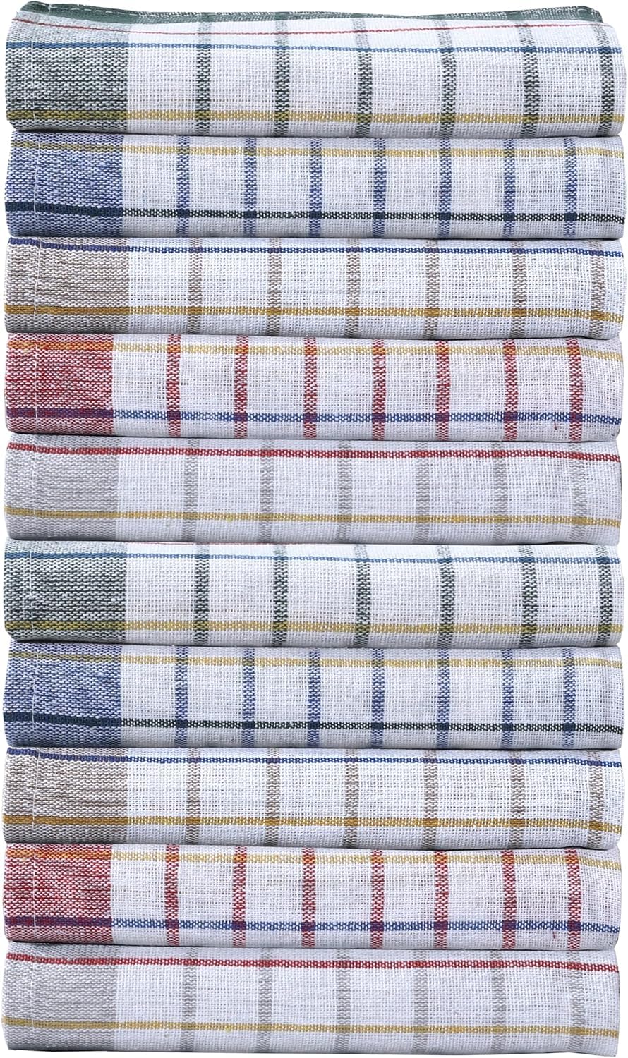 Poshliving Assorted 10 Pack Check Tea Towels Kitchen 100% Cotton Super Absorbent Quick Drying Dish Bar Cloth Set Reusable Cleaning Towel, Colours