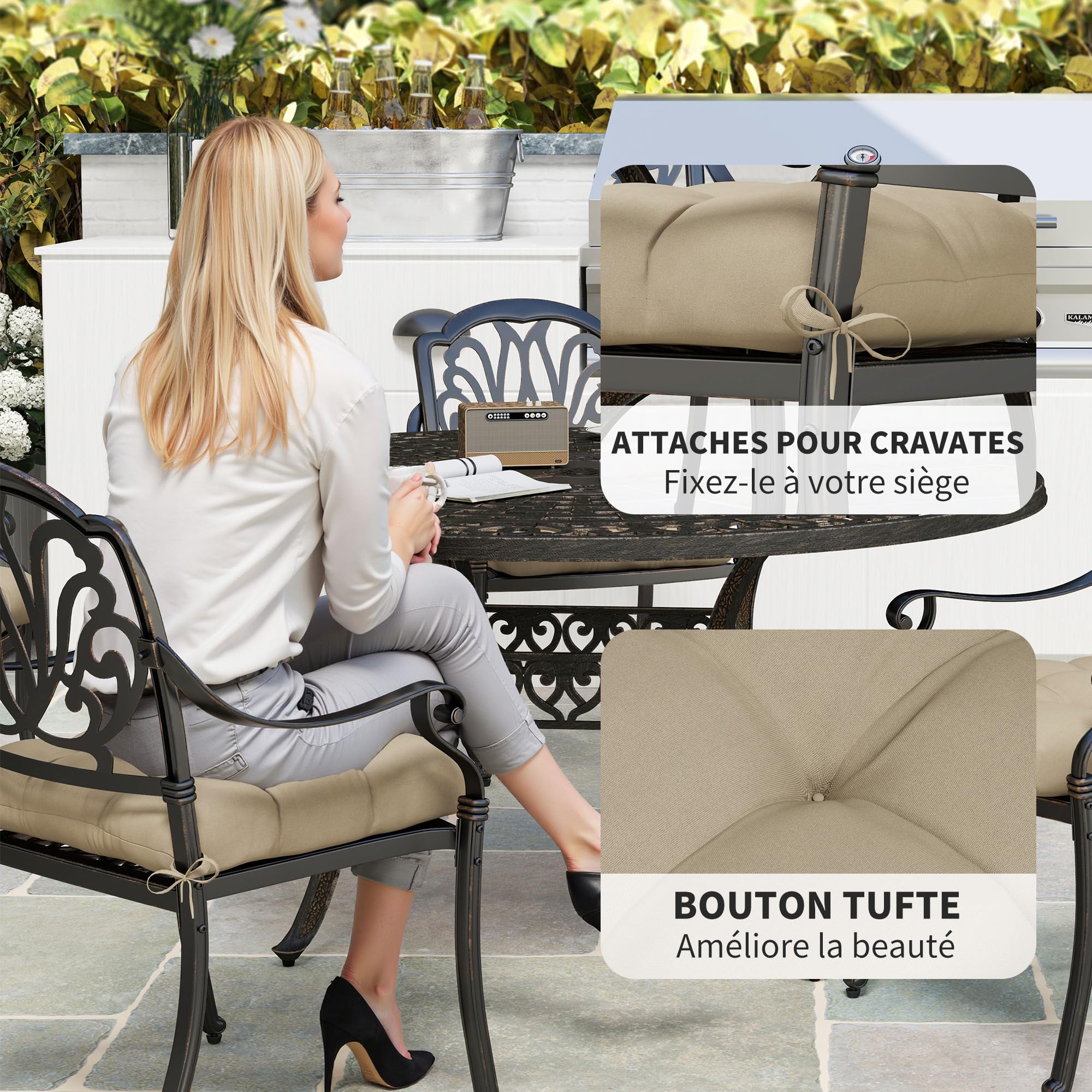 Outsunny Set di 4 cuscini per sedie da giardino, Cuscini imbottiti per esterni, imbottitura 10 cm con lacci, dim. 48L x 48l cm Khaki