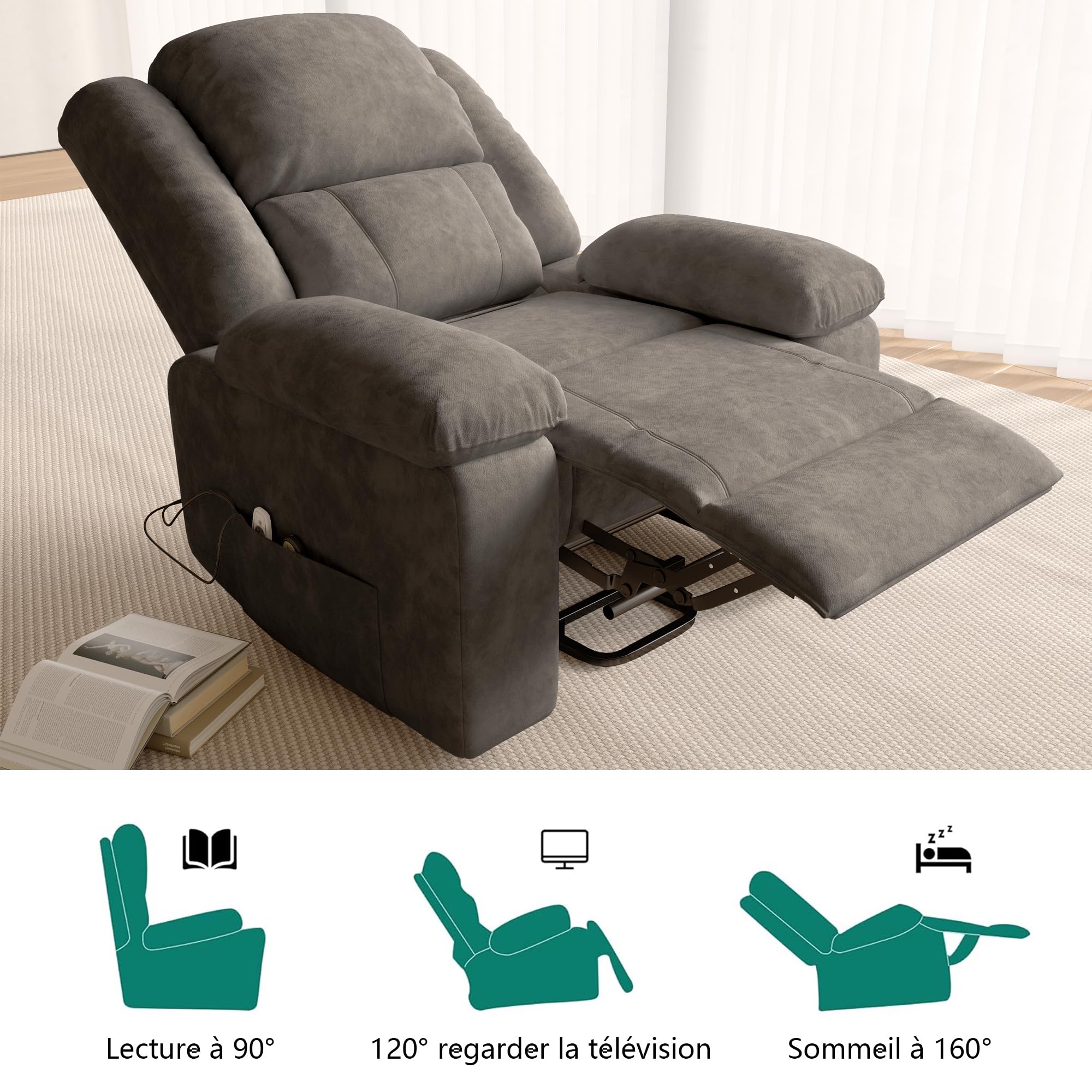 Poltrona Massaggiante Elettrica con Massaggio e Riscaldamento Lombare,Sedia Massaggiante con Poggiapiedi,Poltrona Relax Elettrica per Soggiorno e Camera da Letto,Tessuto, Grigio