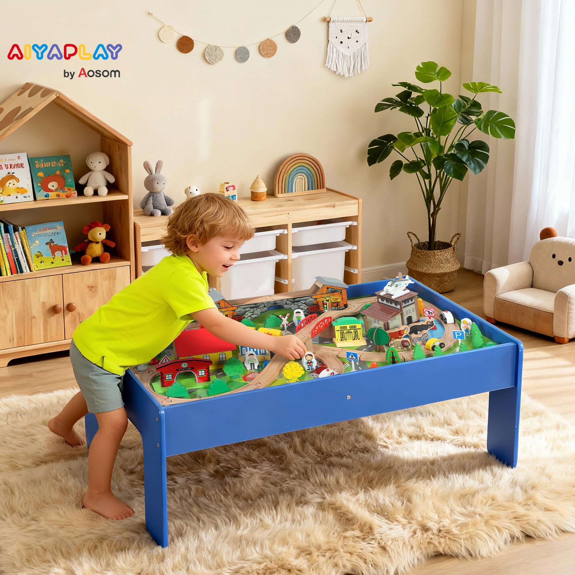 AIYAPLAY Spieltisch 108-teiliges Eisenbahn-Set für Kinder ab 3 Jahren Blau | Aus Holz, Holzeisenbahn mit Abnehmbarer Tischplatte, Eisenbahntisch