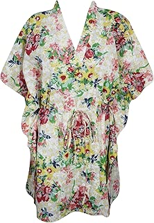 Mogul Interior Womens Caftan Dress Floral Print Resort Wear Deep V-Neck Kaftan (Free-Size)