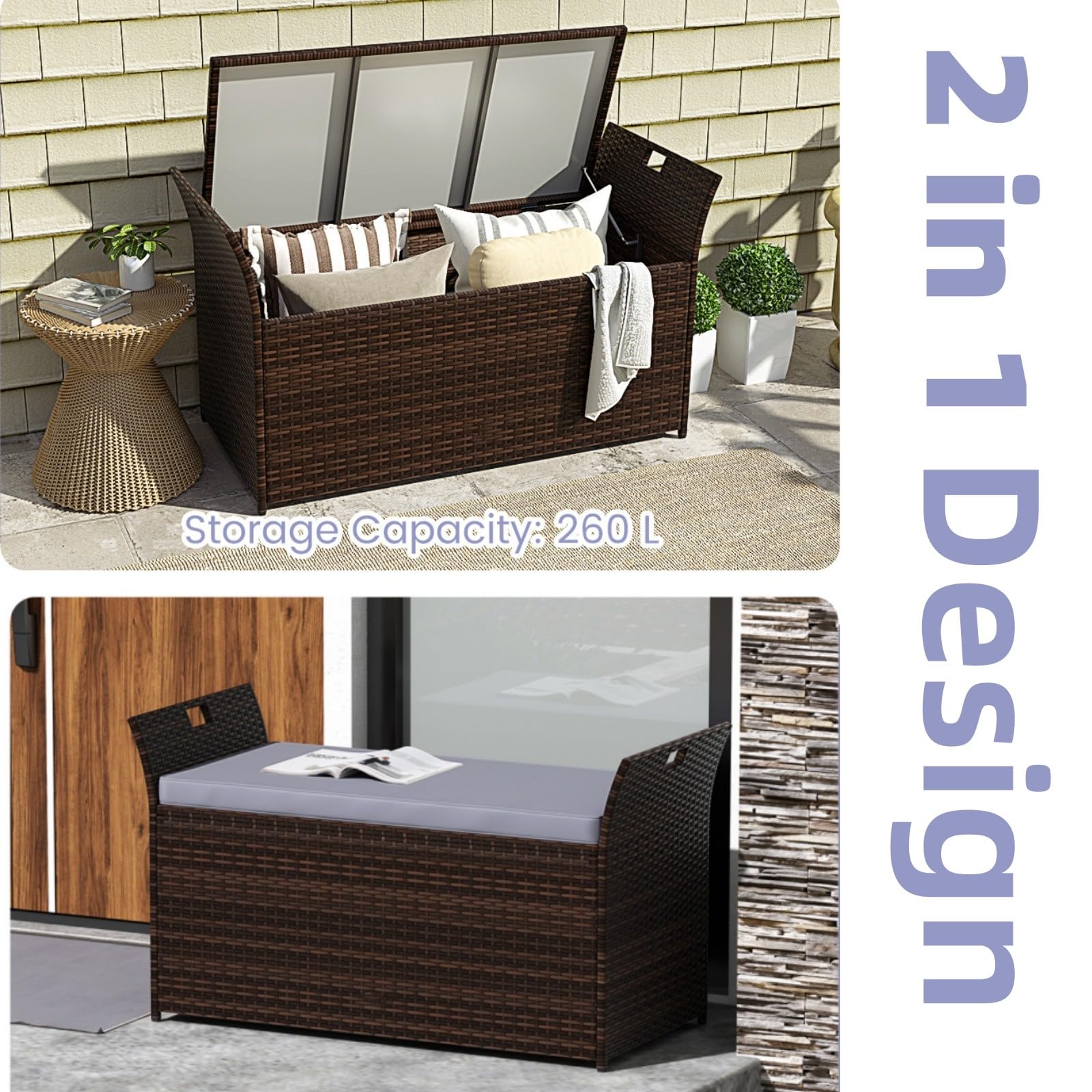 LIFEZEAL Aufbewahrungsbank Rattan, Gartenbank mit abnehmbarem Kissen, seitlichen Griffen, Aufbewahrungstruhe für Schwimmbad, Terrasse, Patio, Garten