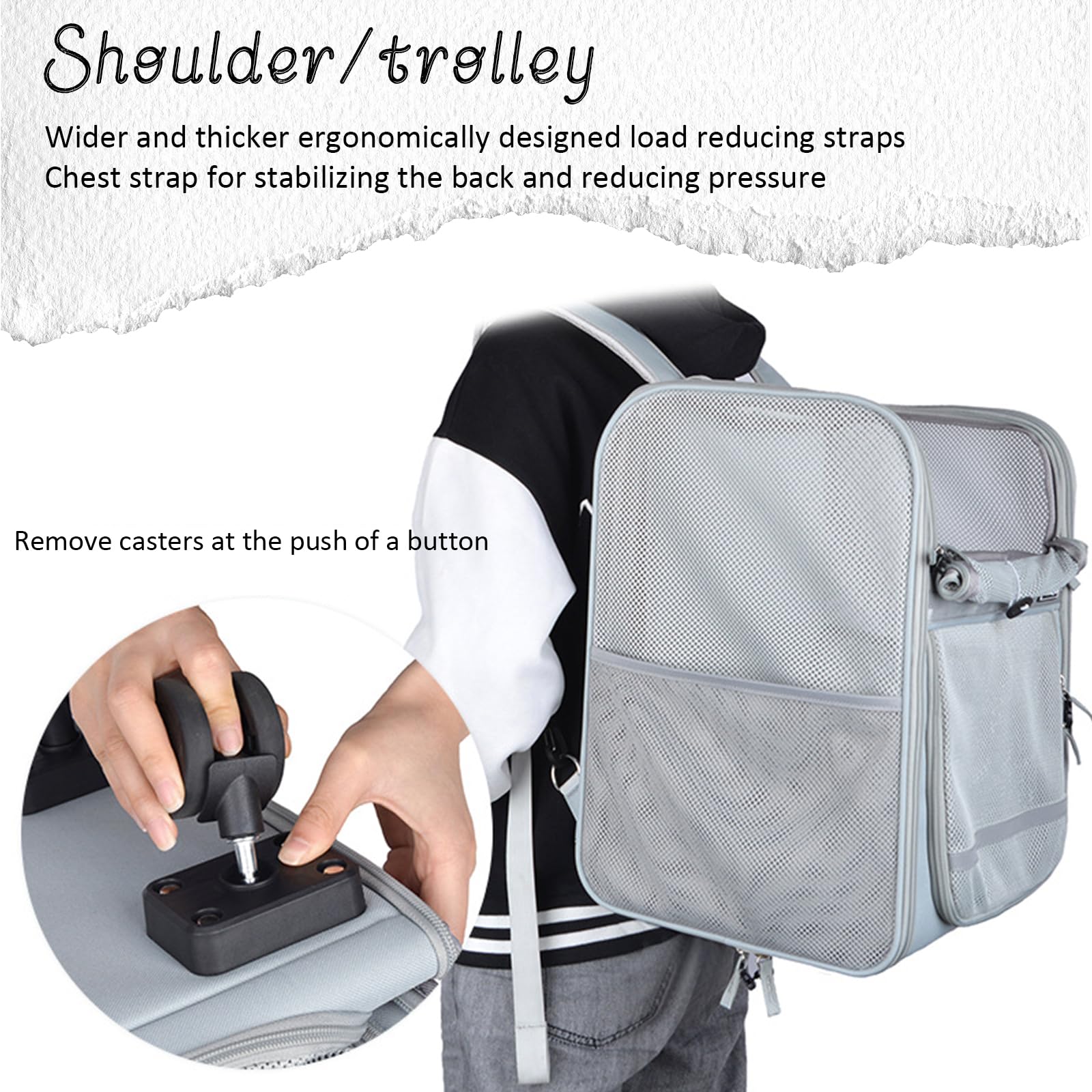 Transportin Gato con Ruedas, Mochila con Carrito para Mascotas, Transportin Gatos Perros De Menos De 8KG con Ruedas Y Varilla Telescópica, Bolsa Transporte De Viaje Transpirable