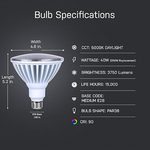 Miniatura 6 de Feit Electric Bombilla LED PAR38 del anochecer al amanecer, 3750 lúmenes, fotocélula integrada, 40 W, bombilla de inundación equivalente a 250 W,