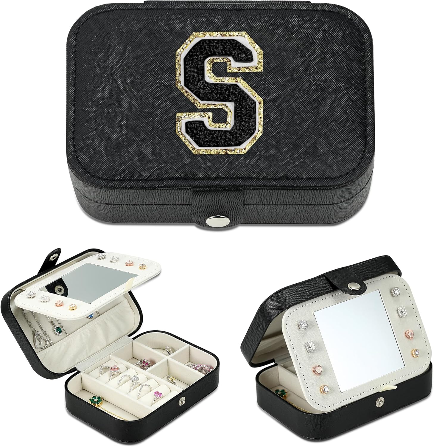 Parima Bridesmaid Gifts for Wedding Day, Bridesmaid Gifts for Women | Bridesmaid Proposal Gifts Unique Gifts | Wedding Travel Essentials Medium Jewelry Box | Travel Jewelry Case - Letter S, Black Black-S