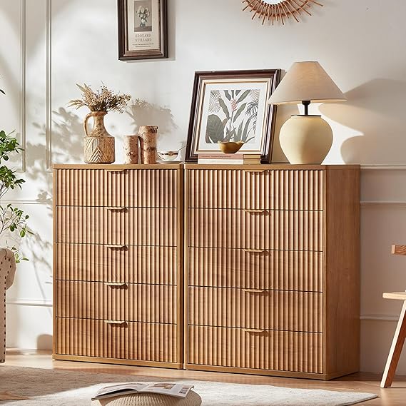 LEYAOYAO Fluted 5 Drawers Dresser Set of 2, 41" Tall Modern Chest of Drawers with Metal Handle, Curved Profile Dresser TV Stand, Wooden Drawer Organizer for Bedroom, Living Room, Hallway, Navy Blue