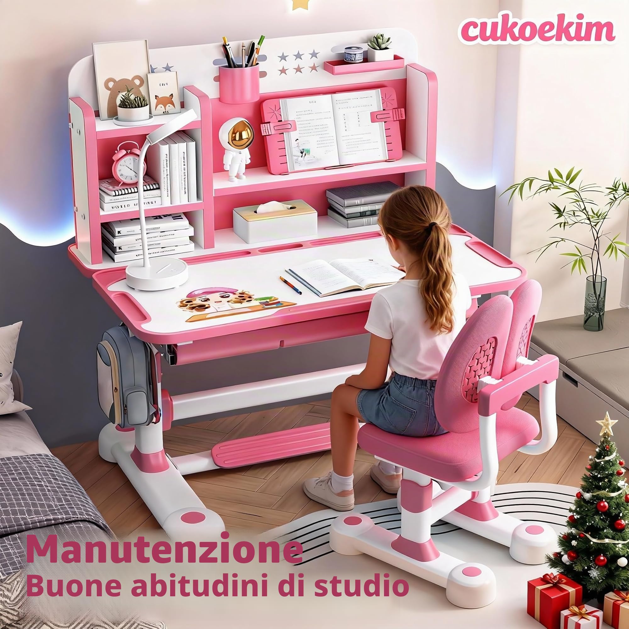 Set di scrivania e sedia per bambini, design con altezza regolabile, scrivania da studio ergonomica con sedia, scrivania per l'apprendimento con cassetto di stoccaggio, supporto per libri