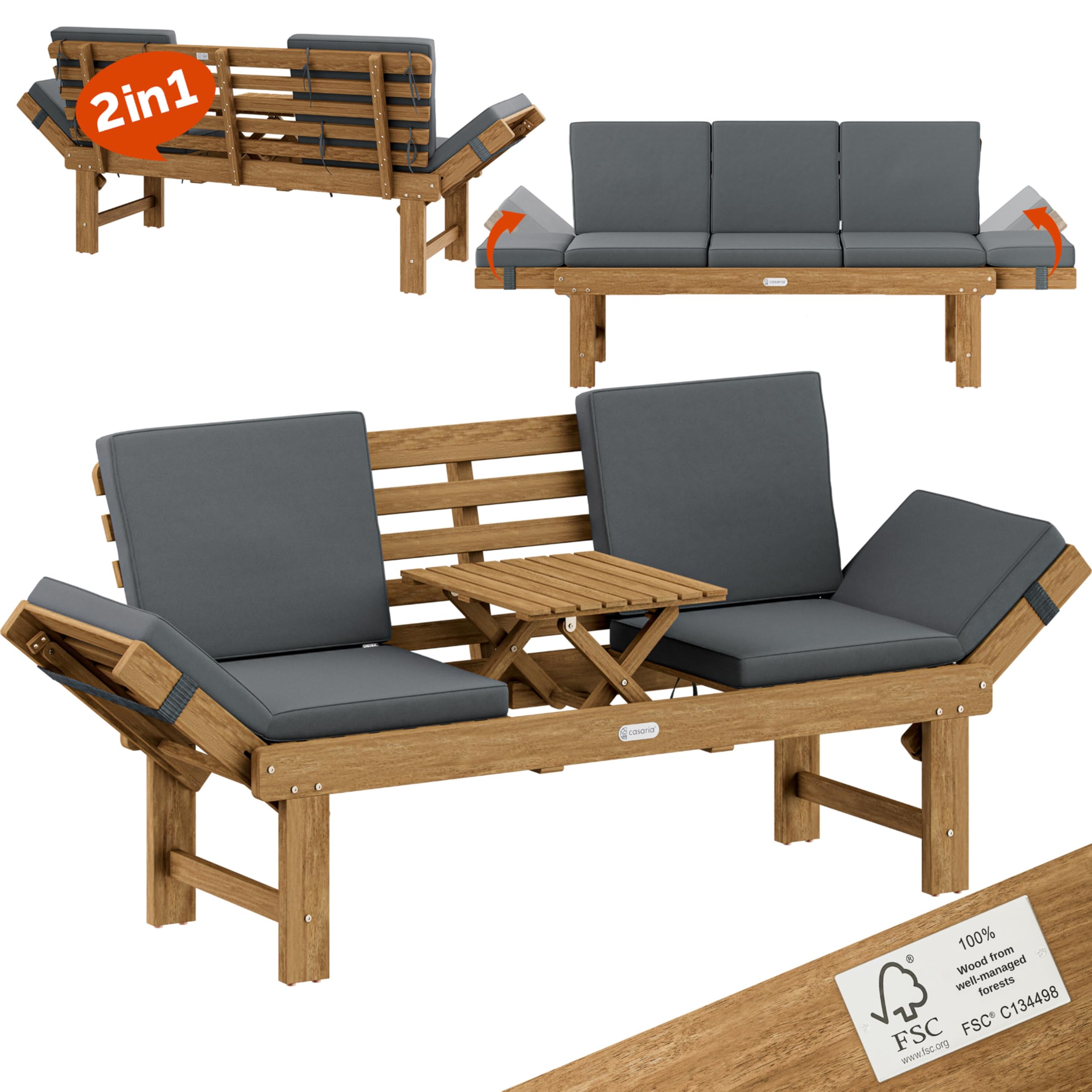 CASARIA® Wooden Garden Bench with Table | 200x45x76cm | Foldable | 320kg Load Capacity | Weatherproof FSC®-Certified Acacia Wood | 3 or 2 Seater Companion Love Seat | Garden Balcony Furniture