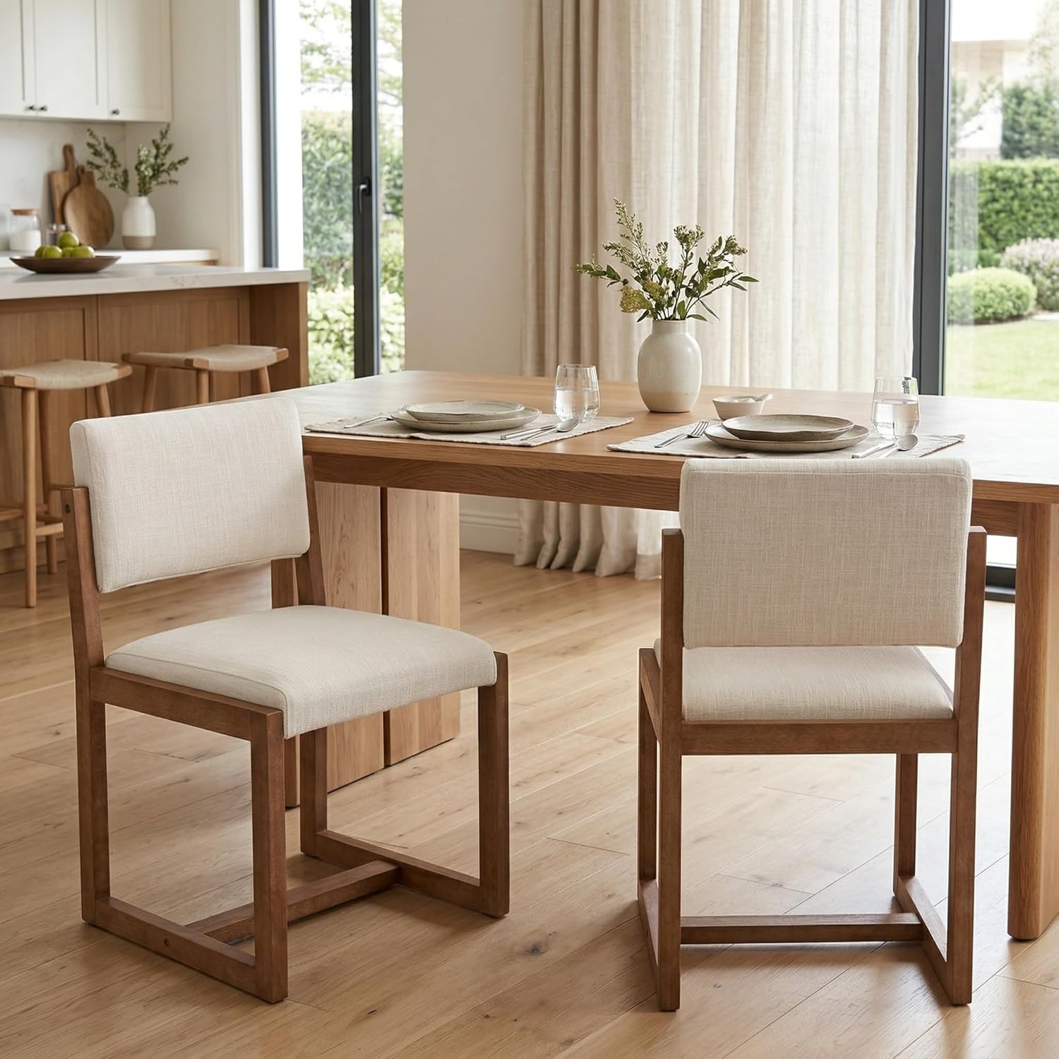 DUOMAY Upholstered Dining Chairs Set of 2, Mid-Century Modern Dining Room Chairs, Linen Fabric Kitchen Side Chairs with Wood Legs, Beige