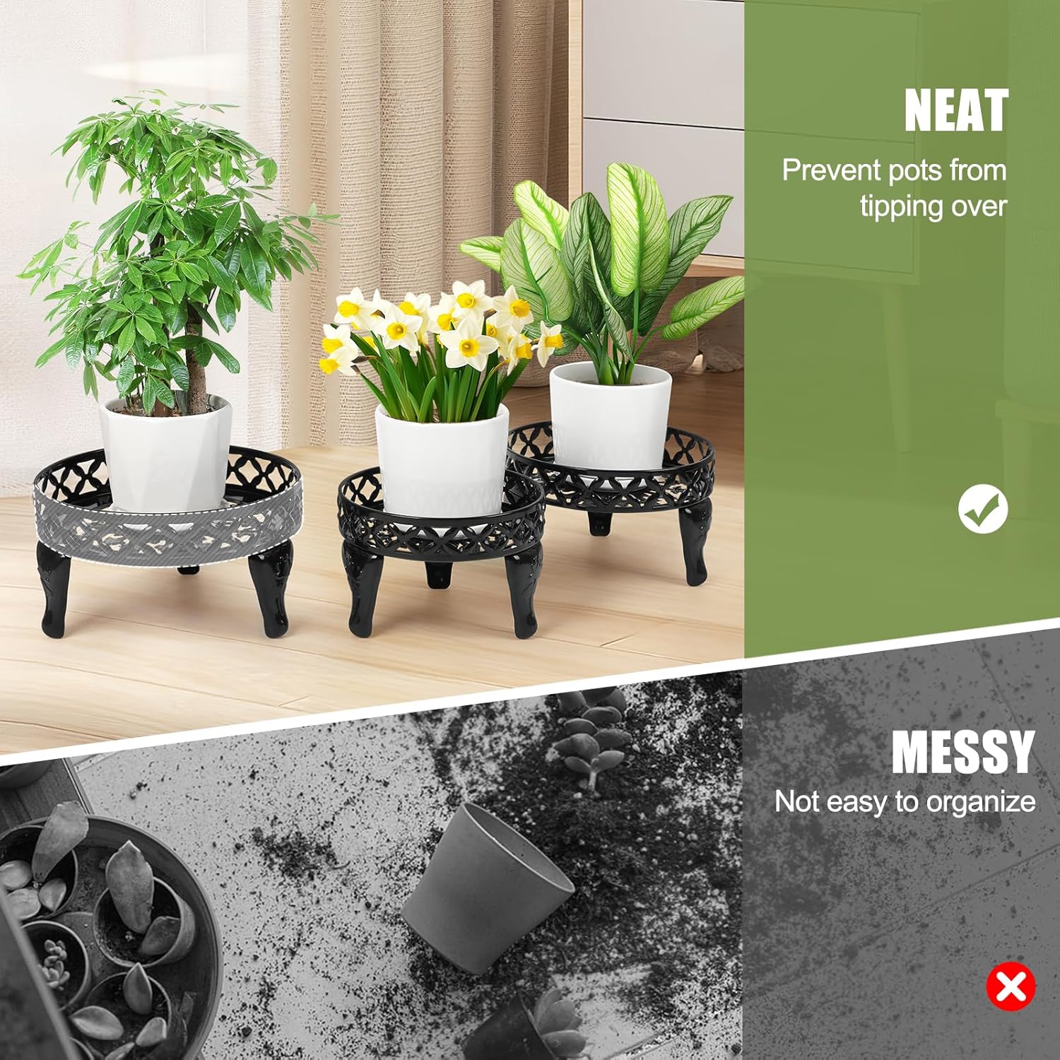 3 Pack Metal Plant Stands Indoor Outdoor, Heavy Duty Iron Flower Pot Stand for Multiple Plants, Rustproof Low Round Plant Holder for Garden, Patio, Home