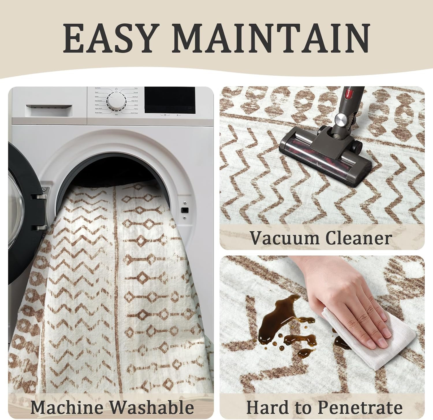 8x10 Machine Washable Area Rug for Living Room, Brown White Vintage Moroccan Rug Large Non-Slip Low Pile Soft Faux Wool Carpet, Kids and Pets Friendly for Bedroom Dining Room Farmhouse Home Decor Rug