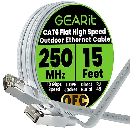 Miniatura 24 de GEARit Cable Ethernet plano Cat 6 para exteriores (30 pies, negro) Chaqueta LLDPE clasificada para entierro directo – Cat6 blindado FTP 10Gbps