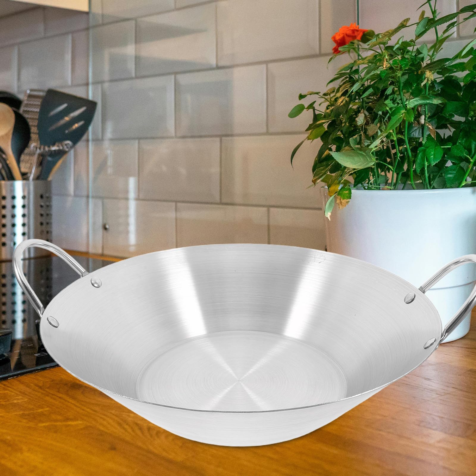 POPETPOP Paellera de Acero Inoxidable con Doble Asa y Fondo Plano, Olla para Cocinar Alimentos con Gran Capacidad, Apta Tipo de Cocinas y Fácil de Limpiar
