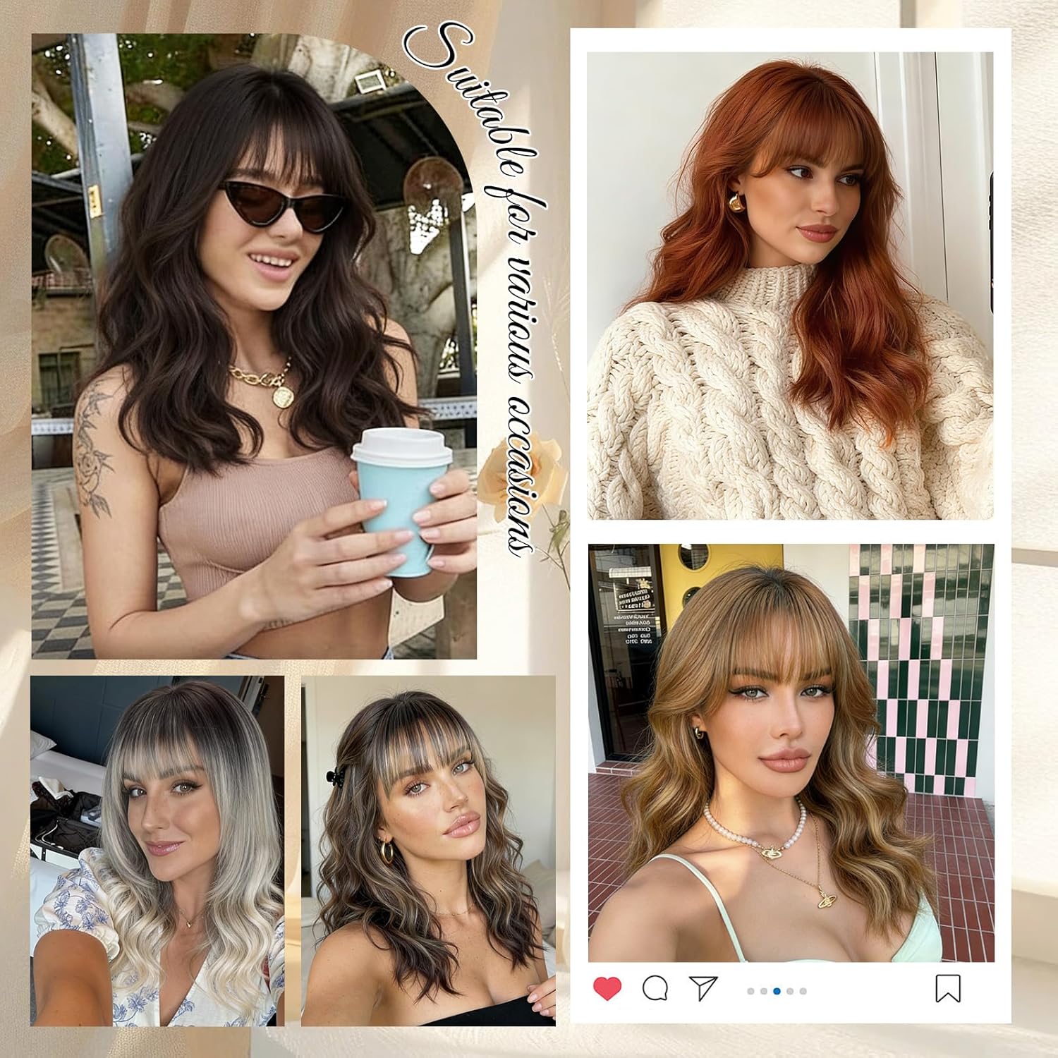 Wig with Bangs for Women 4x4 Realistic Scalp Layered Hairstyle Brown Blonde Highlight Medium Length Wavy Synthetic Heat Resistant Glueless Hair Wig for Daily Party Use 18 inch