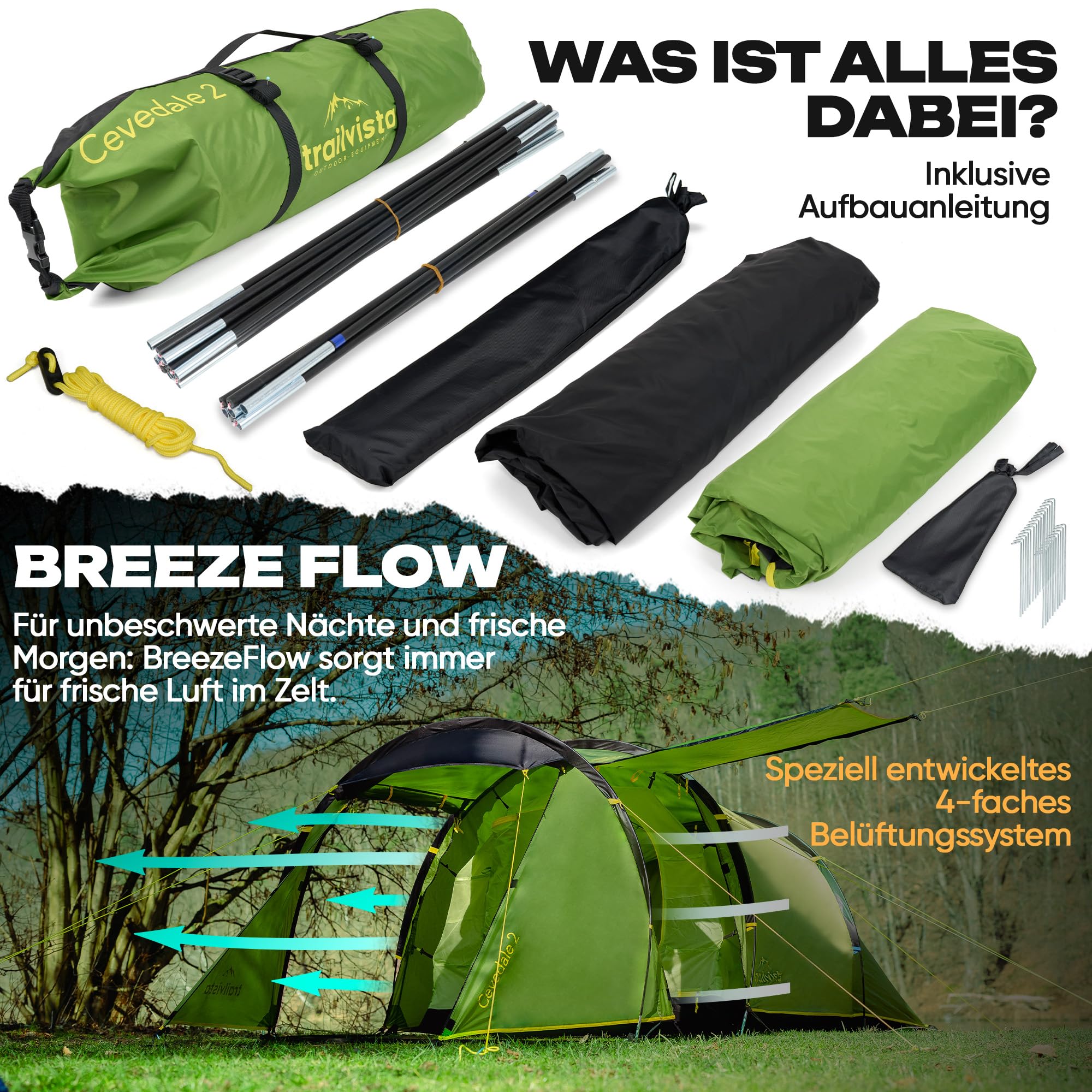 Tienda de campaña impermeable para 2 y 4 personas, tienda de campaña tipo túnel con toldo y protección contra mosquitos, tienda de campaña familiar ligera y estable, montaje rápido, tienda