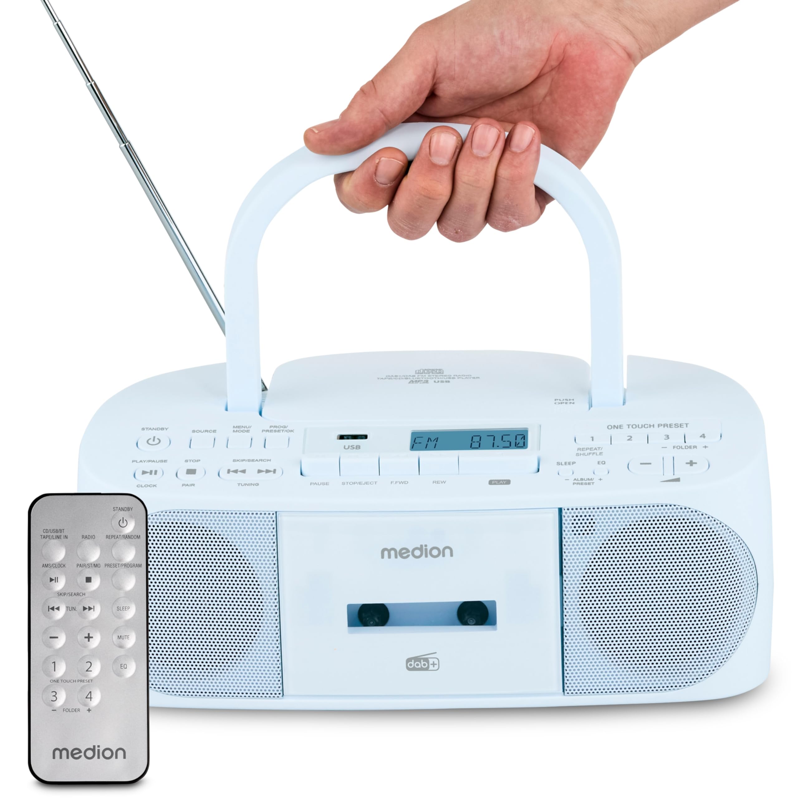 MEDION DRX-1 Plus Boombox (przenośne radio DAB+ FM, Bluetooth, odtwarzacz CD, MP3, kaseta, gniazdo słuchawkowe, system dźwięku stereo, AUX, sieć i bateria) niebieski
