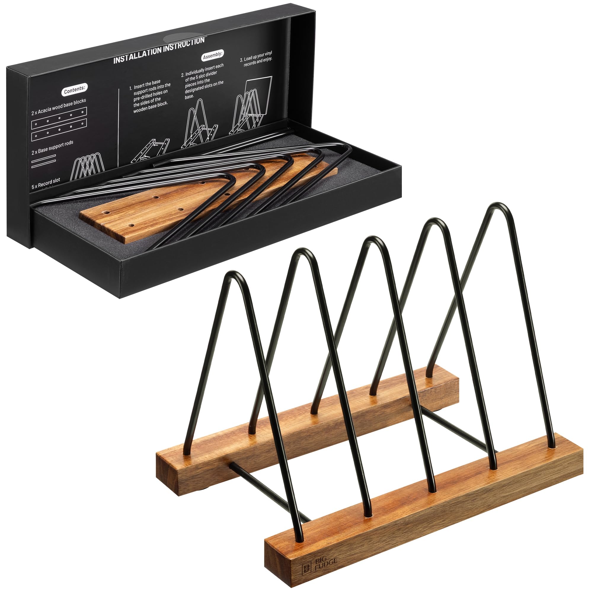 Big Fudge Almacenamiento de discos de vinilo de madera de acacia, soporte para LP con base resistente a los arañazos, soporte de exhibición de colección de álbumes, organizador de fácil montaje para