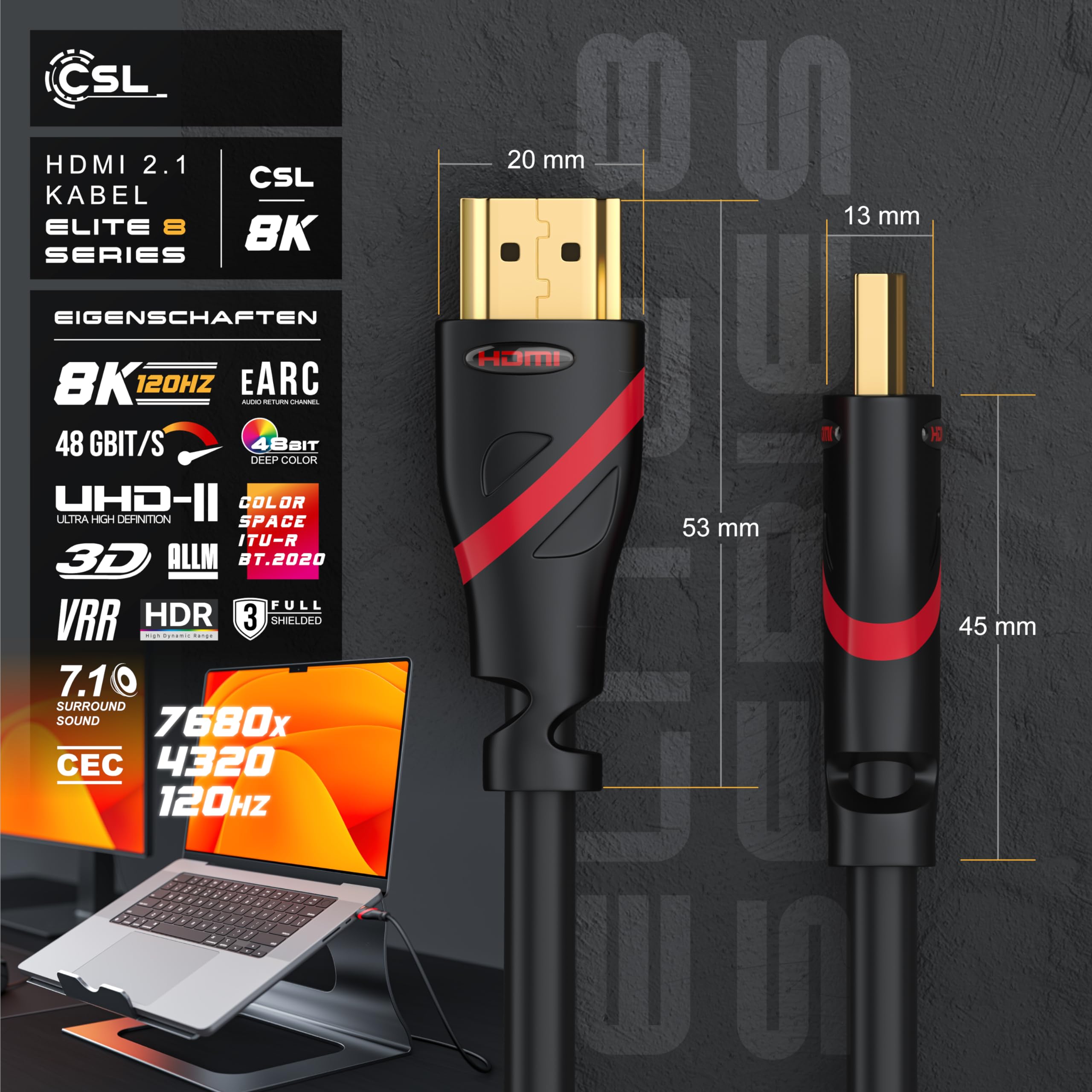 CSL - 8k / 4k HDMI Cable 2.1/2.0-5m - 8K @ 60Hz / 120Hz - 4K @ 240Hz - 48 Gbit/s - 3D - Ultra High Speed With Ethernet - TV Blu-ray - View #9
